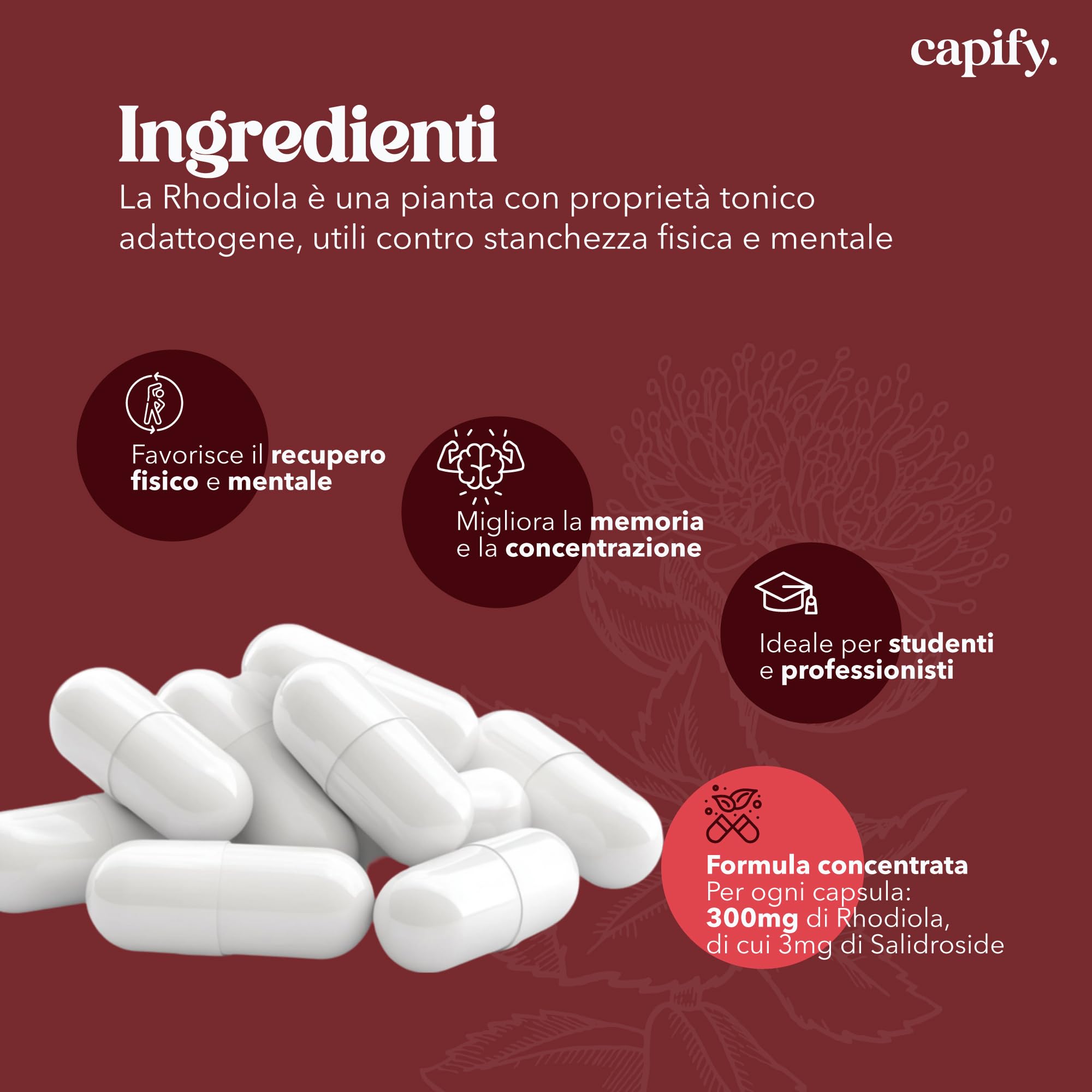 Capify. Rhodiola Rosea - Contro Stanchezza Fisica e Mentale - Estratto di Rodiola Rosea ad Alto Dosaggio - 120 capsule - Made in Italy