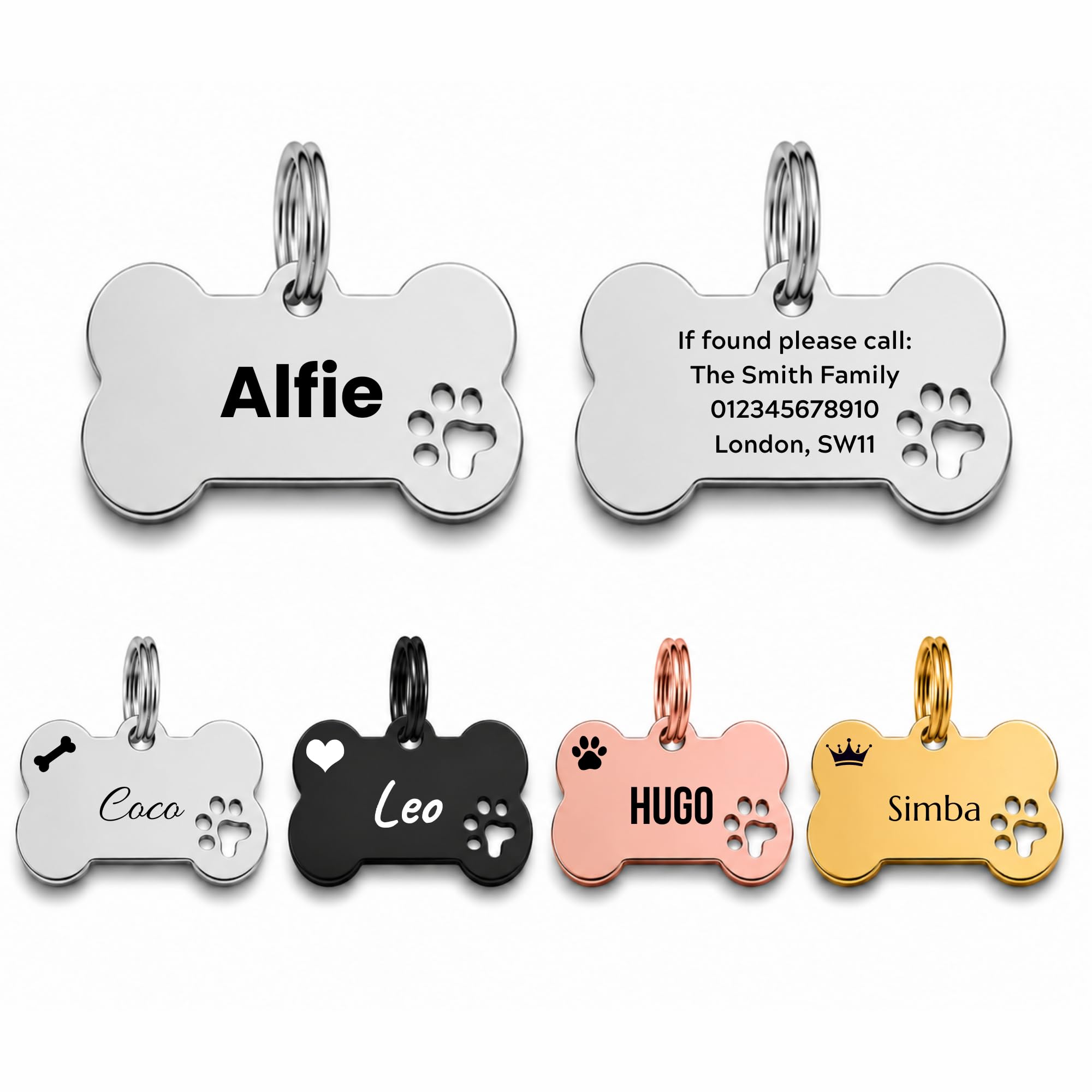 Personalised Stainless Steel Dog Tag – Silver Bone Pet ID Tag – Small 30mm