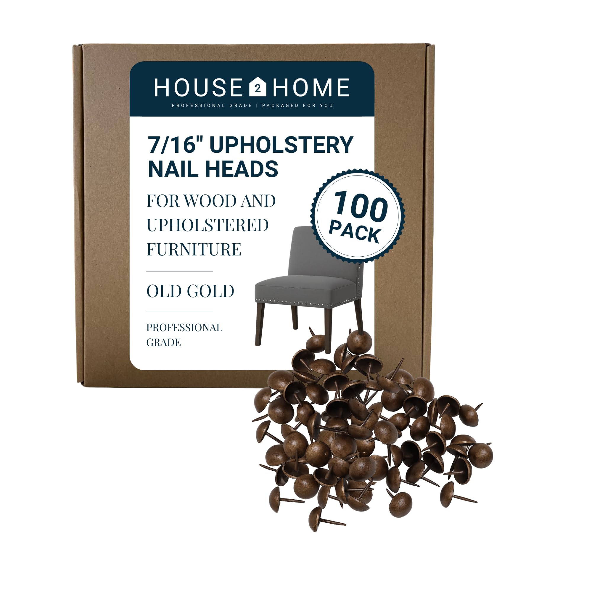 House2Home Upholstery Tacks for Furniture, 7/16" Upholstery Nail Heads for Furniture Trim, Old Gold Decorative Nails for Wood and Upholstered