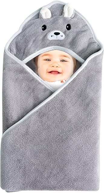 RoxNvm Hooded Baby Towel, Newborn Towels for Bath, Animal Design Baby Towel With Hood 80 * 80cm Ultra Soft Absorbent for Boy and Girl (Grey)