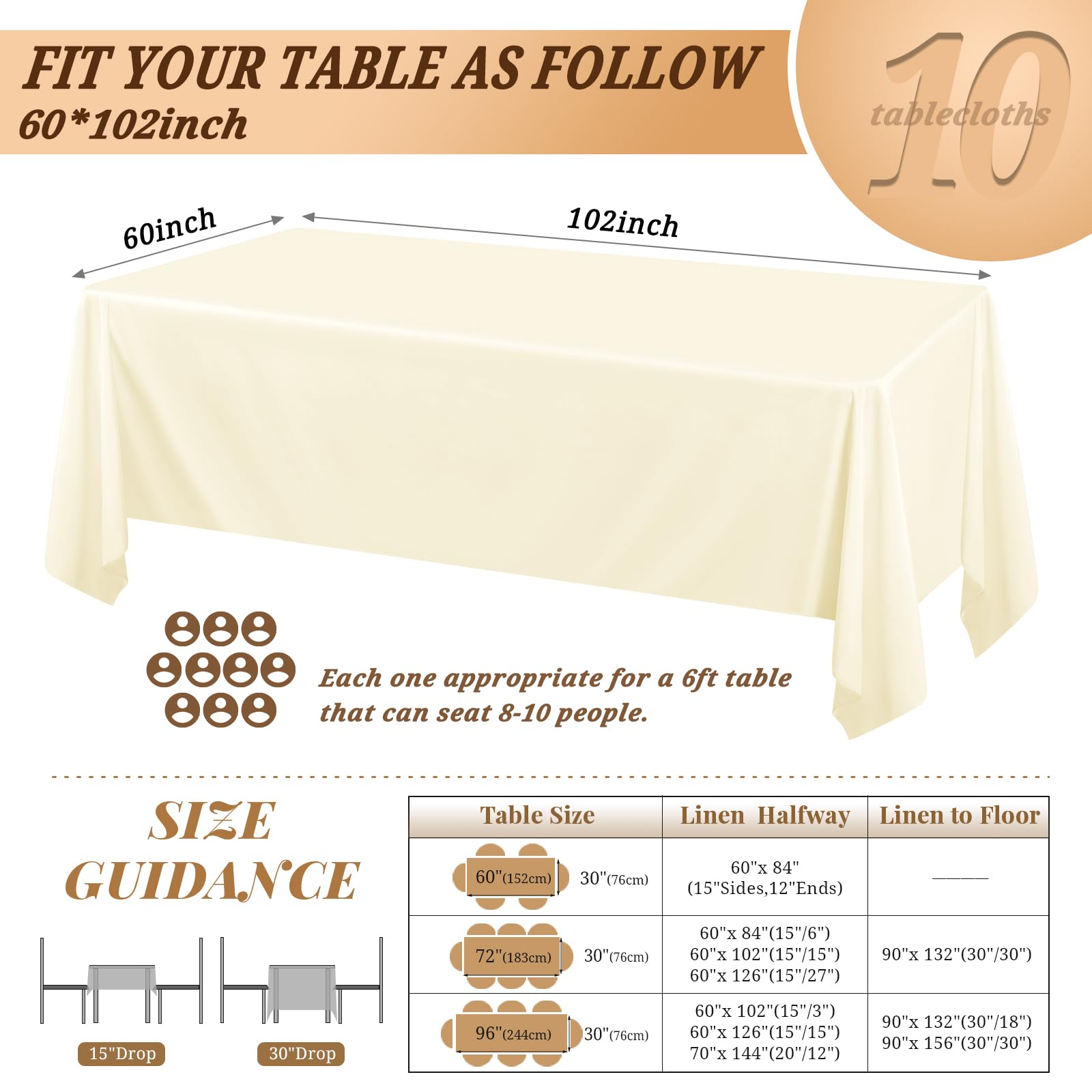 Pesonlook Paquete de 10 manteles de poliéster beige de 60 x 102 pulgadas para mesas rectangulares de 6 pies, mantel lavable para bodas, recepciones, banquetes, fiestas