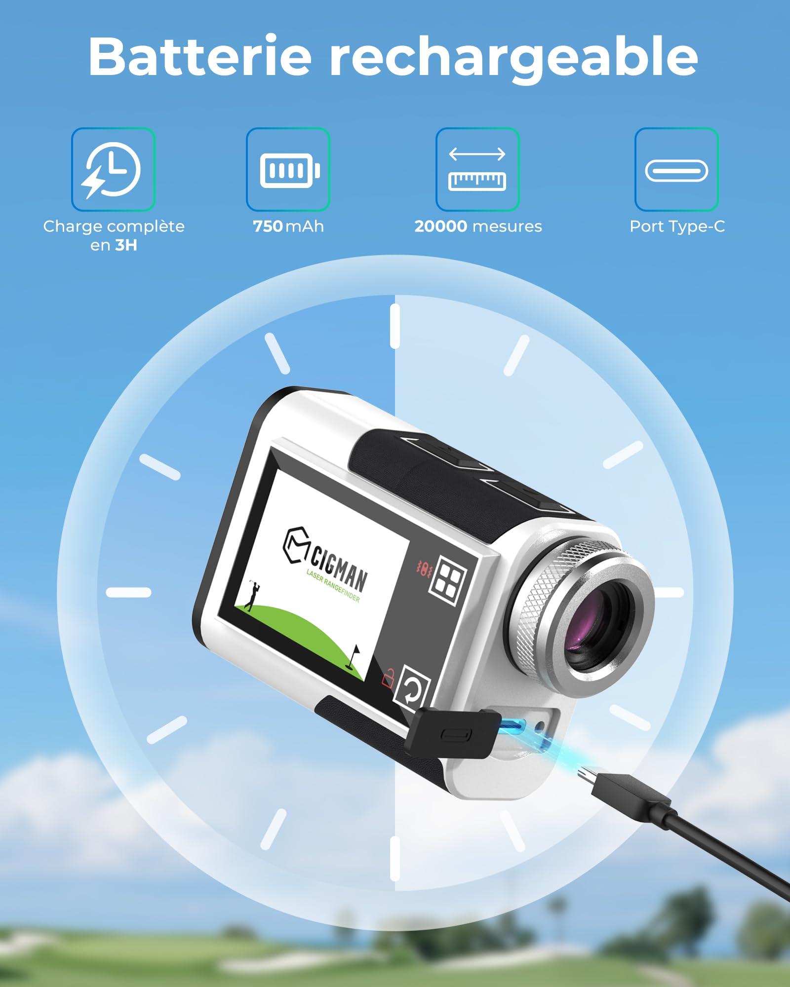 Télémètre de Golf CIGMAN 1312 Yards, précision ± 1 m, écran Tactile latéral avec Compensation de Pente, oculaire 25 mm, télémètre Laser Rechargeable de Type C pour Terrain de Golf