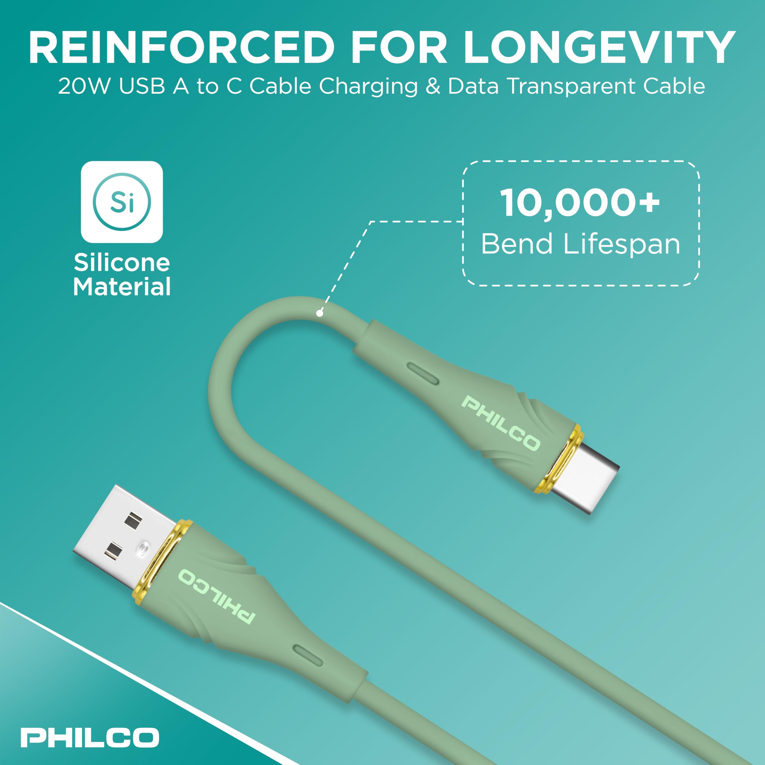 Philco Lot de 2 câbles USB vers USB C, câble de charge de type C, charge rapide USB A vers USB C, 20 W, 1,2 m, USB C en silicone anti-nœuds pour iPhone 15, 16, MacBook Pro, iPad Air 4, iPad Pro et