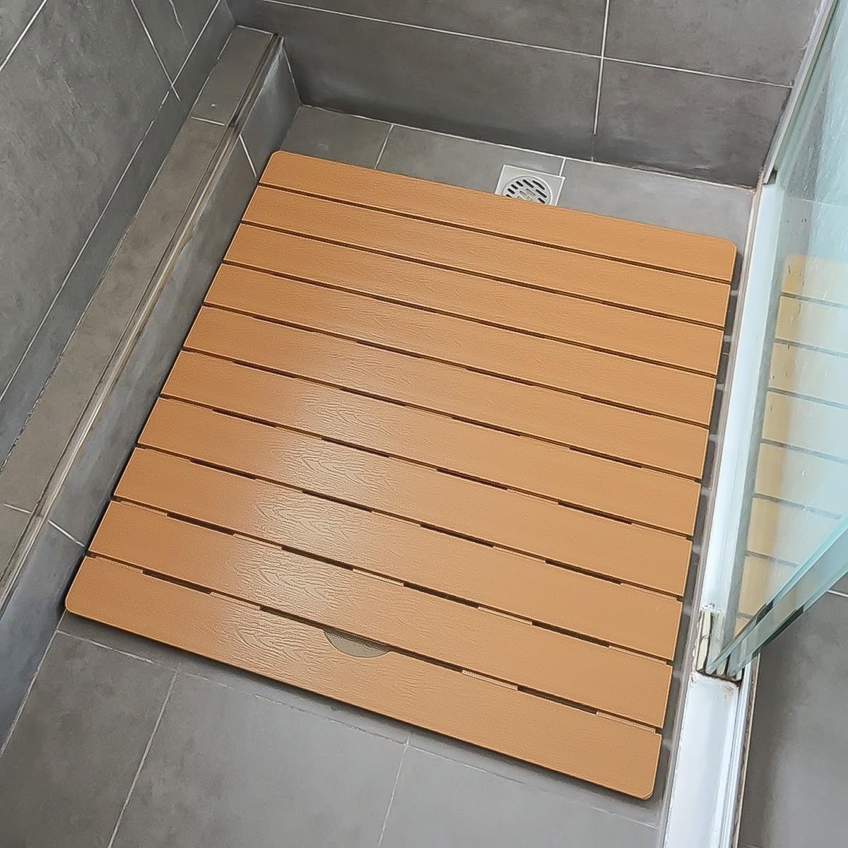 MESOVFCA Wood Grain Shower Mat Non Slip Square Bathroom Mat, Floor Bath Tub Sturdy Mats for Inside Outdoor/Luxury Spa Home, Easy to Clean, Orange, 28x28in/70x70cm