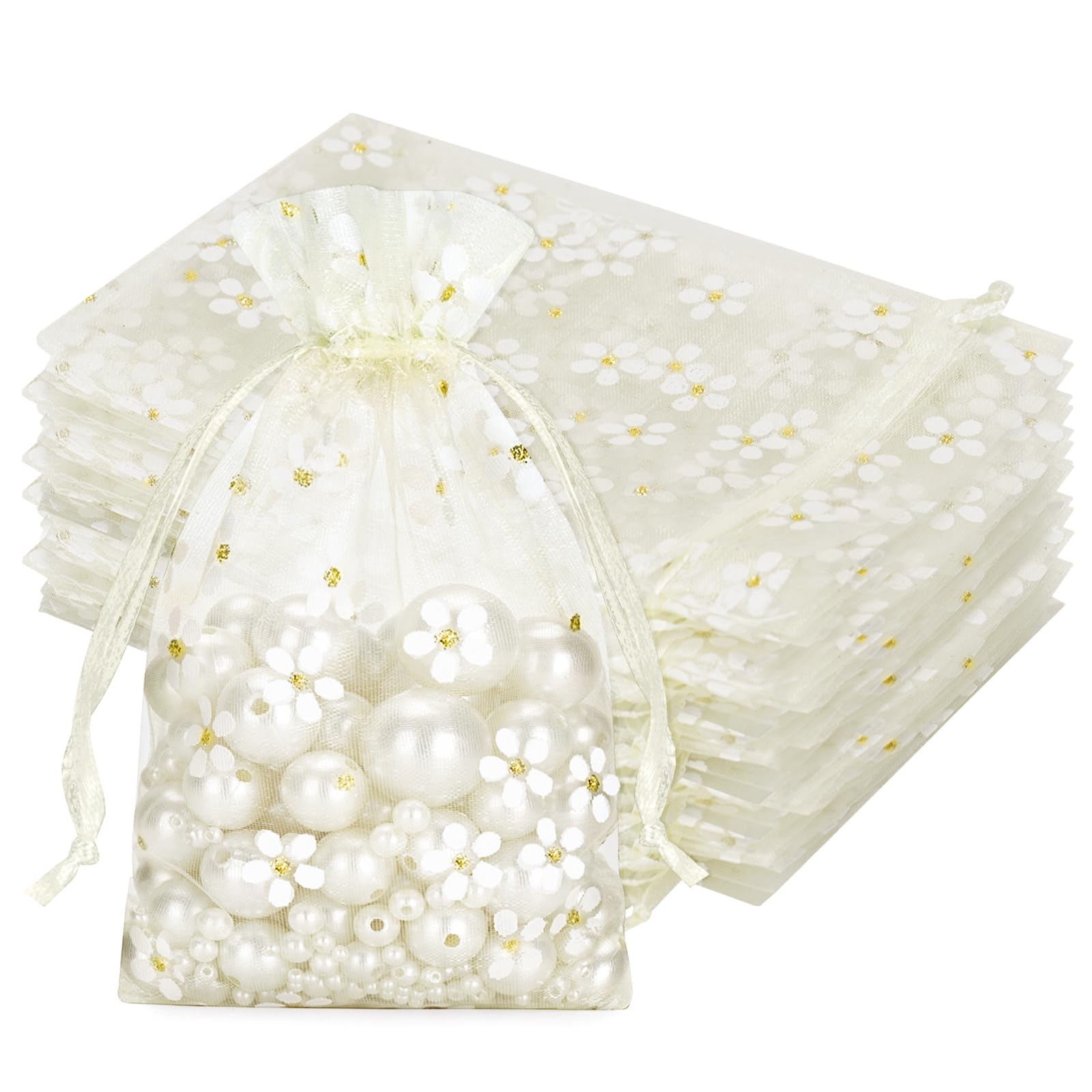 jijAcraft Daisy Organza Pouches Cream: 10x15CM Organza Gift Bags 30PCS Jewelry Drawstring Pouches for Wedding, Birthday, Baby Shower, Party, Craft Storage, Gift Wrapping