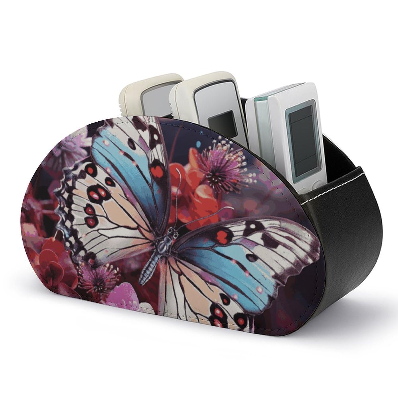 Colorful Butterflies on Flowers Remote Control Holder with 5 Compartment Organizer Box, Leather TV Remote Holder Organizer Caddy for Table, PU Leather Remote Box for Nightstand Office Desk Storage Box