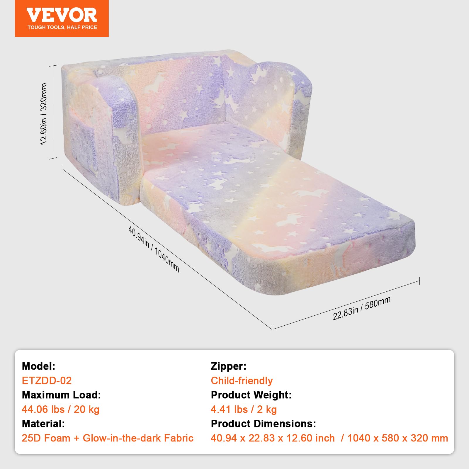 VEVOR Seggiolone Pieghevole 2 in 1, Divano Letto per Bambini Comodo, Divano Schiuma 25D Convertibile, Mobili da Sala Giochi per Bambini Arcobaleno