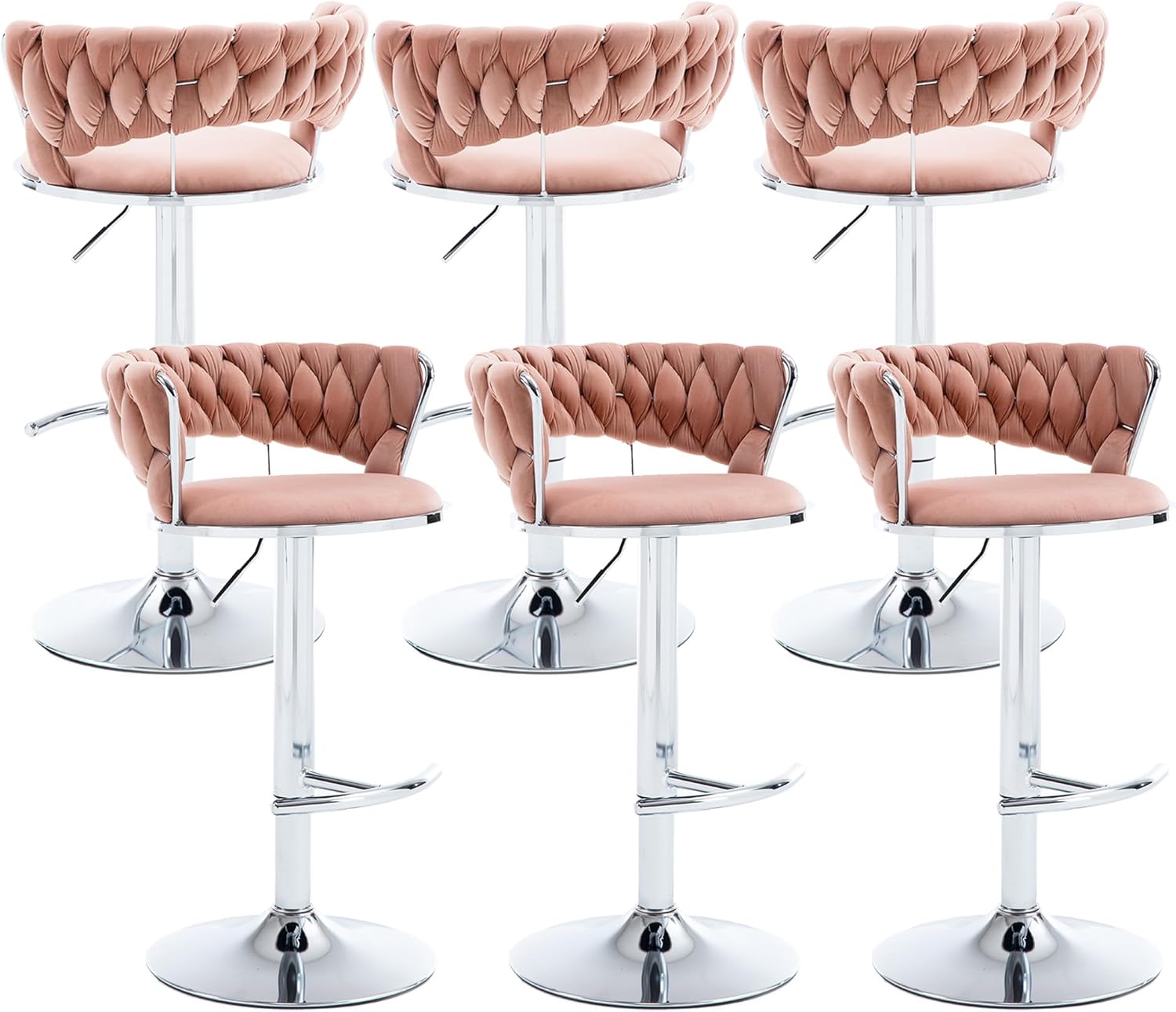 Velvet Swivel Bar Stools Set of 6, Modern Adjustable 360° Swivel Bar Height Chairs with Woven Hollow Back, Upholstered Counter Height Bar Stools with Silver Base for Kitchen Island, Pink