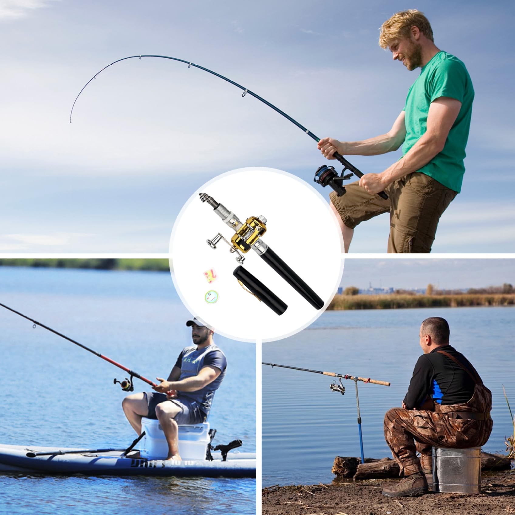 Petite canne à pêche stylo canne à pêche, 21,6 cm, mini canne à pêche, 5 sections, canne à pêche télescopique avec moulinet, canne à pêche portable noire