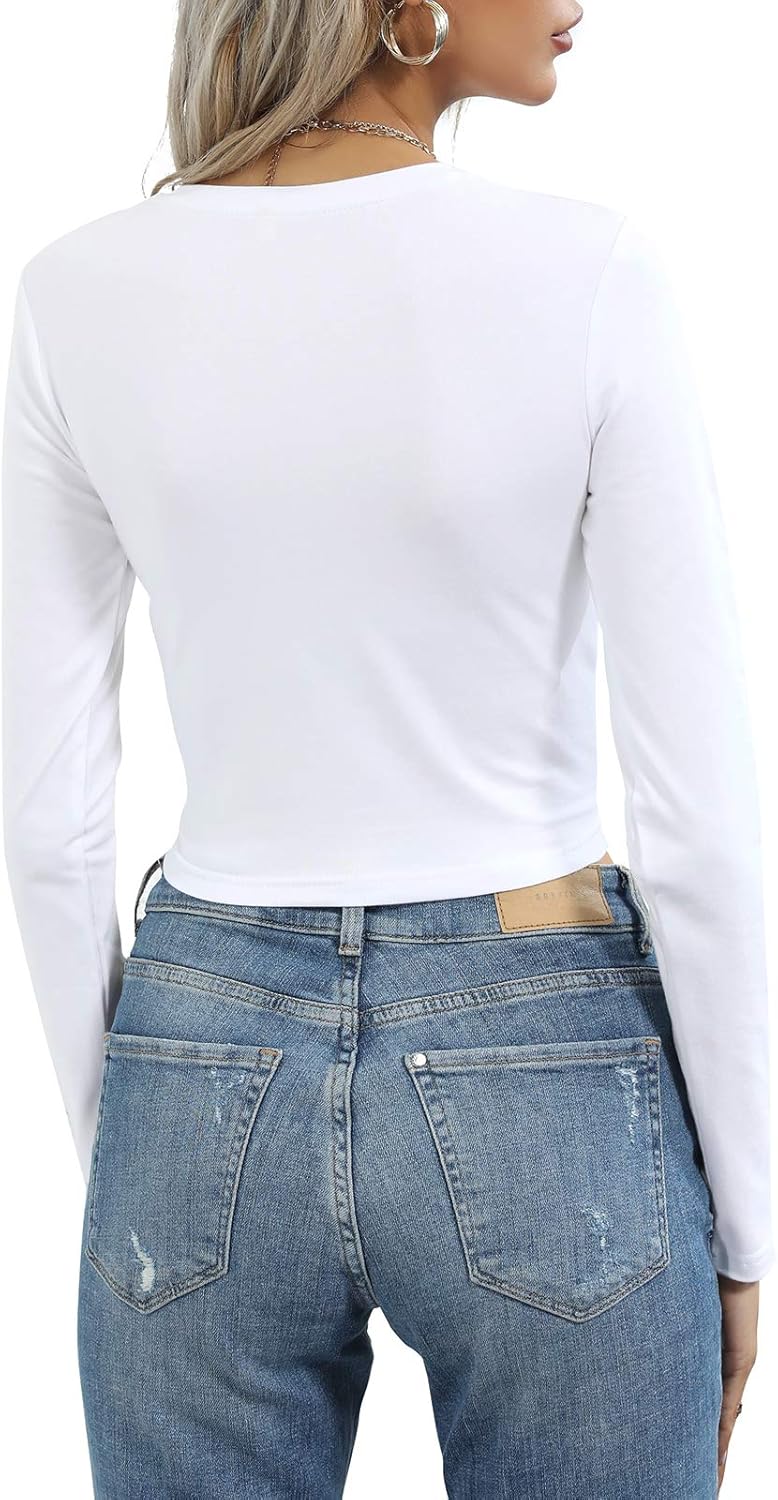 Women's Long Sleeve Crewneck Crop Top Sexy Slim Fitted Cotton T Shirt - Image 5