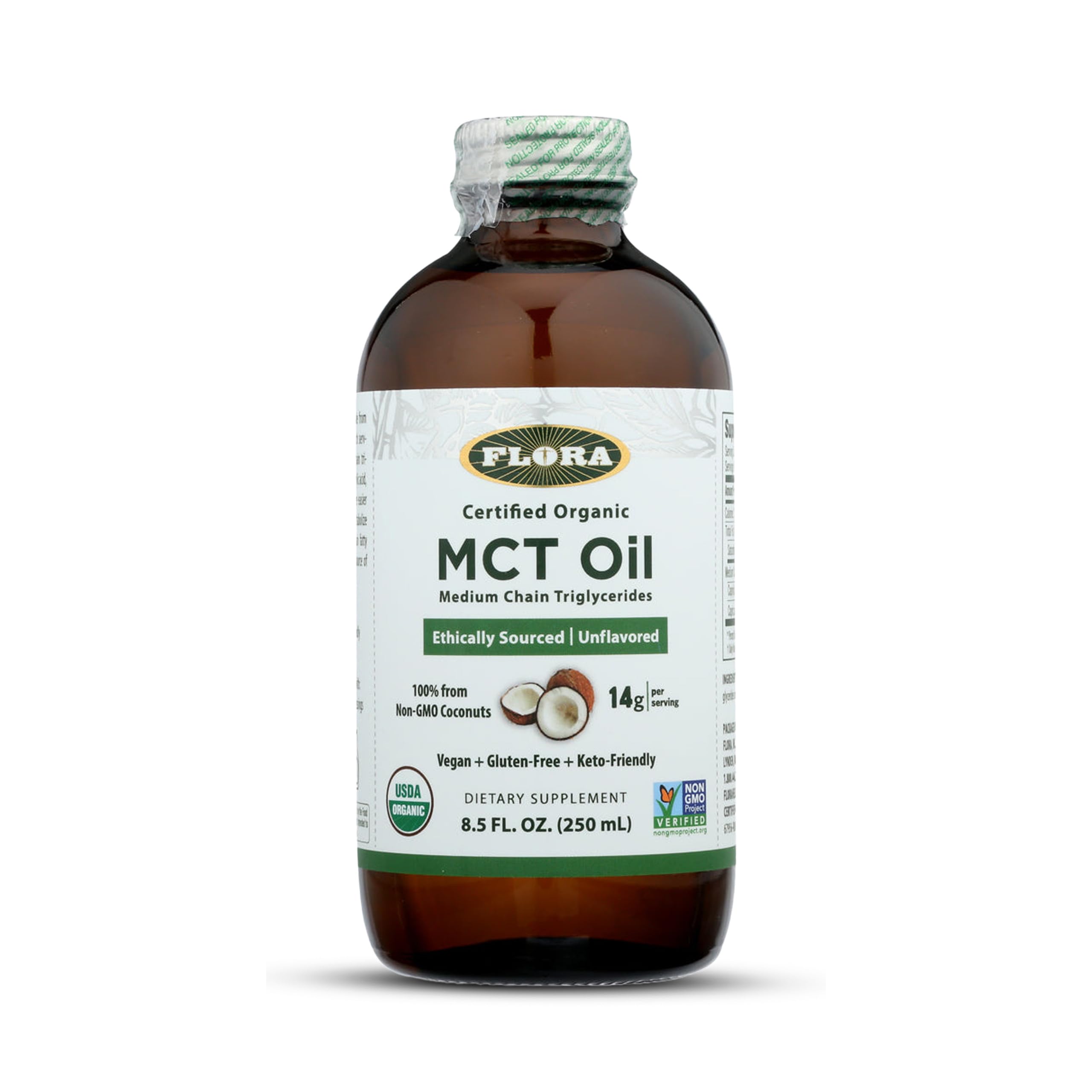 Flora - MCT Oil Certified Organic - Supports Muscle Energy & Brain Health - Contains C8 Caprylic Acid & C10 Capric Acid - Non-GMO, Gluten-Free, Vegan & Keto-Friendly - 8.5 fl. oz. Glass Bottle