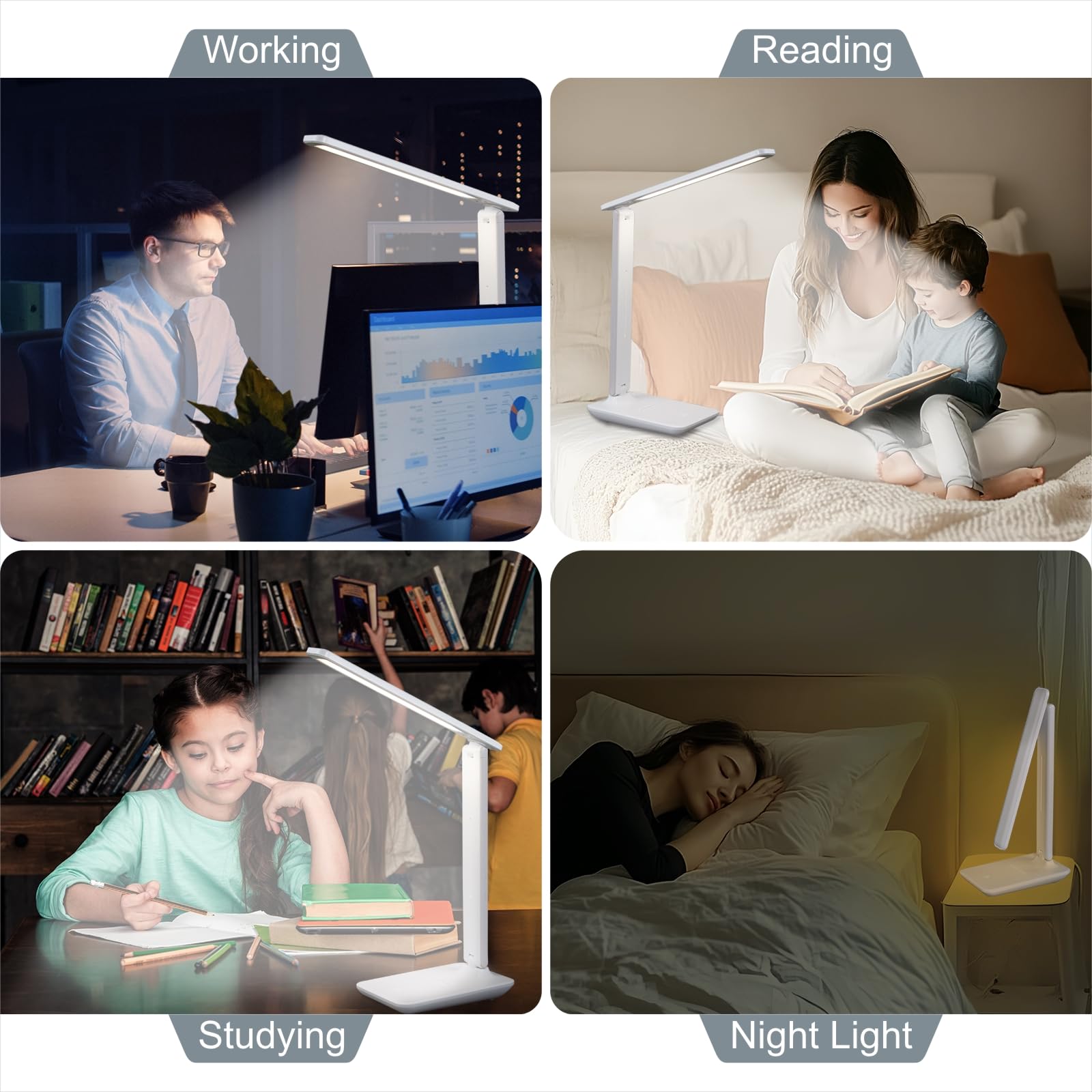 Lámpara de escritorio LED portátil, lámpara de mesa amigable con los ojos para oficina en casa, lámpara de escritorio recargable regulable con 3 modos de color, control táctil, diseño plegable y 7