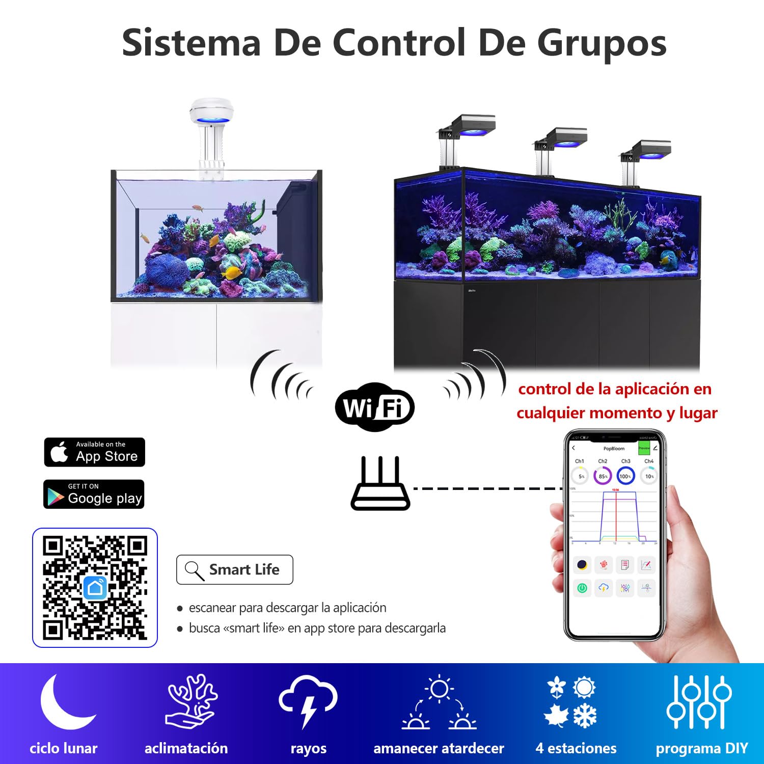 Luz LED para acuarios de arrecife PopBloom RL90, iluminación LED inteligente para arrecifes controlada por aplicación, adecuada para entornos marinos mixtos de arrecife SPS/LPS.