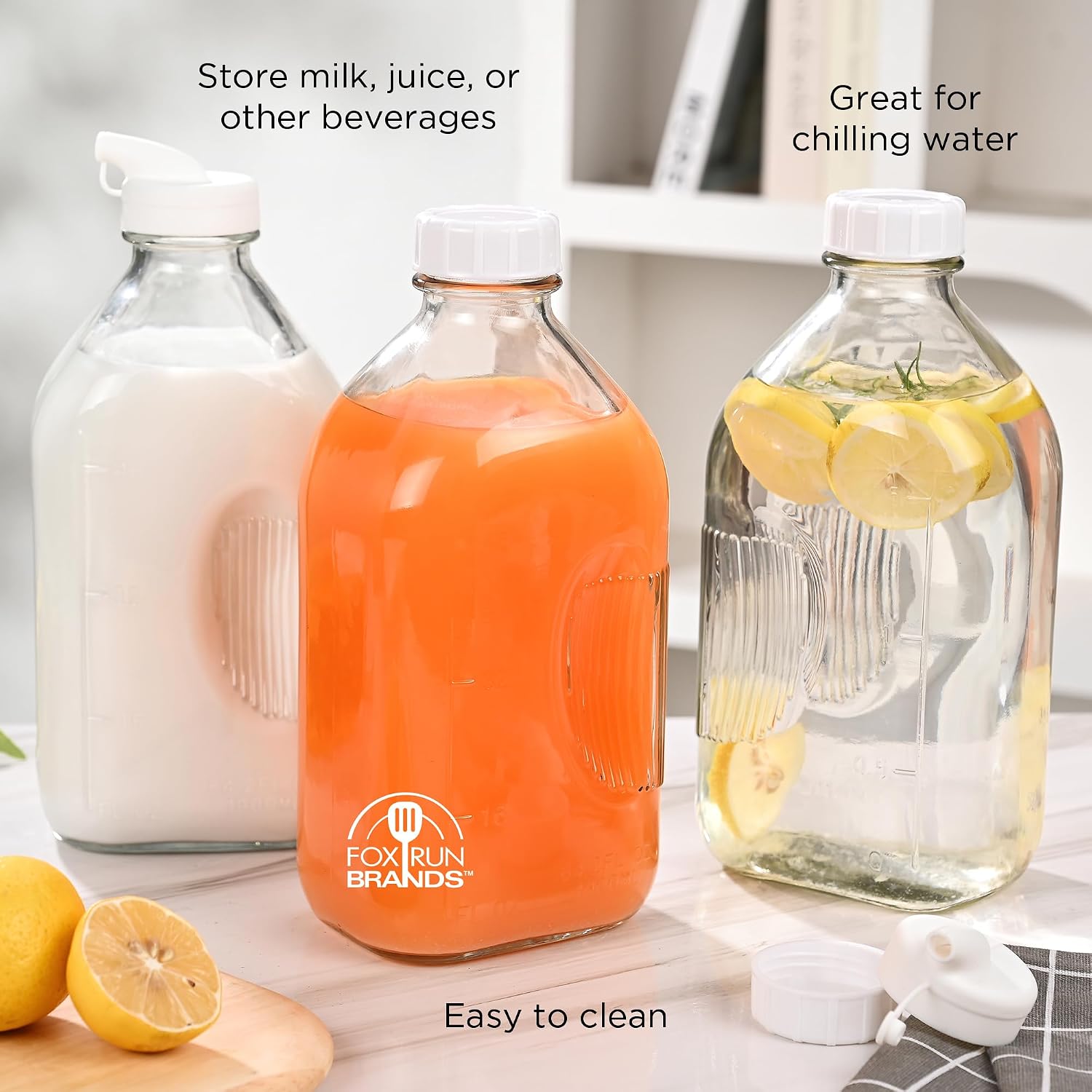 Fox Run Glass Large Milk Bottles, Set of 2 64oz/2 Quart Capacity Glass Bottles with Airtight and Pouring Lids