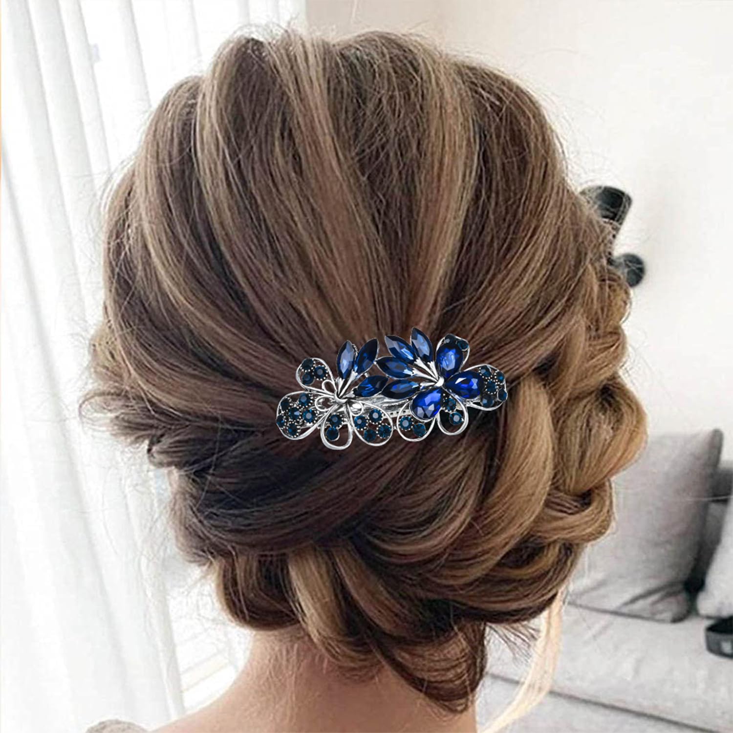 Blue Floral Crystal Hair Barrette - Elegant Women’s Hair Accessory Large Blue Crystal Barrette for Weddings & Formal Hair  main image 4