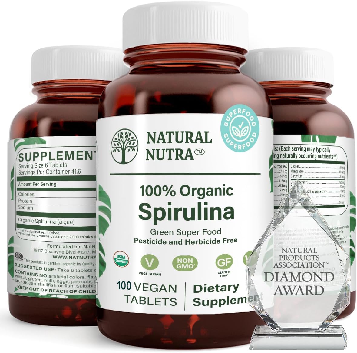 Natural Nutra 100% USDA Organic Spirulina, 300mg, 100 Vegan Tablets