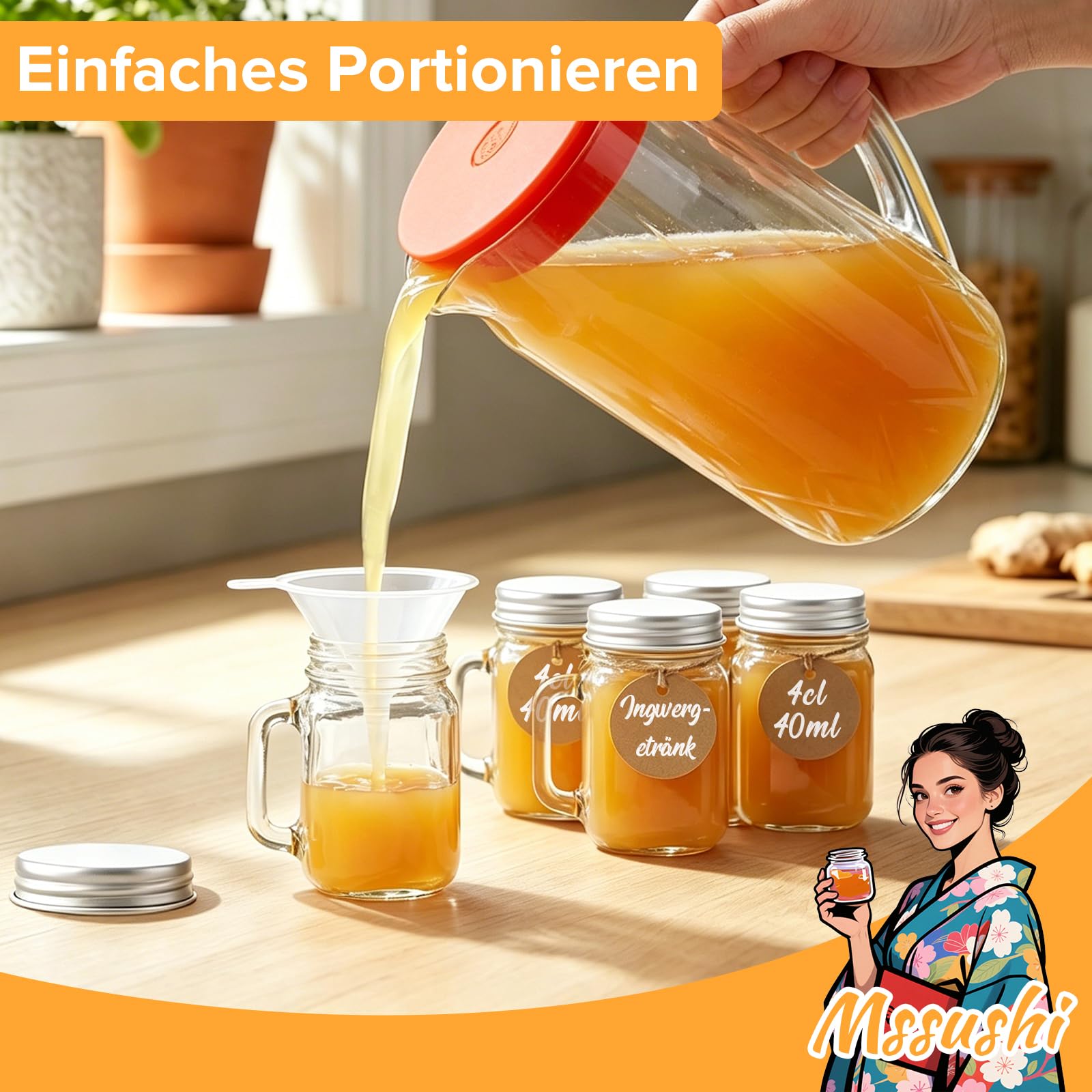 Mssushi Lot de 28 Verre a Shot Mason Jar avec Anse 40 ml, Petite Bouteille en Verre avec Couvercles à Visser, Mini Verres à Liqueur avec Couvercle, avec 28 Lanière pour Shot Ginger, Vodka, Tequila