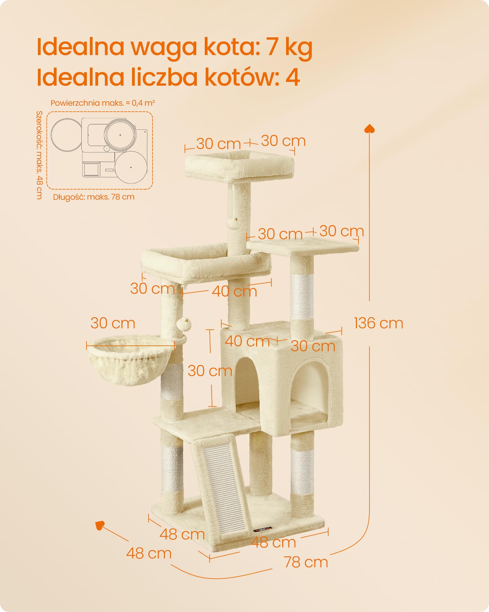 Feandrea Drapak dla kota, drapak z 3 dużymi platformami, jaskinią i koszykiem, 2 pluszowe piłki, wysokość 136 cm, kolor piaskowo-beżowy PCT012LF01