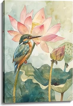 Birds Wall Art - Bird with Lotus Picture Canvas Prints Animal Painting Vintage Birds Art for Bathroom Bedroom Living Room Home Office Decor FramedBirds-16,12.00x18.00 inch