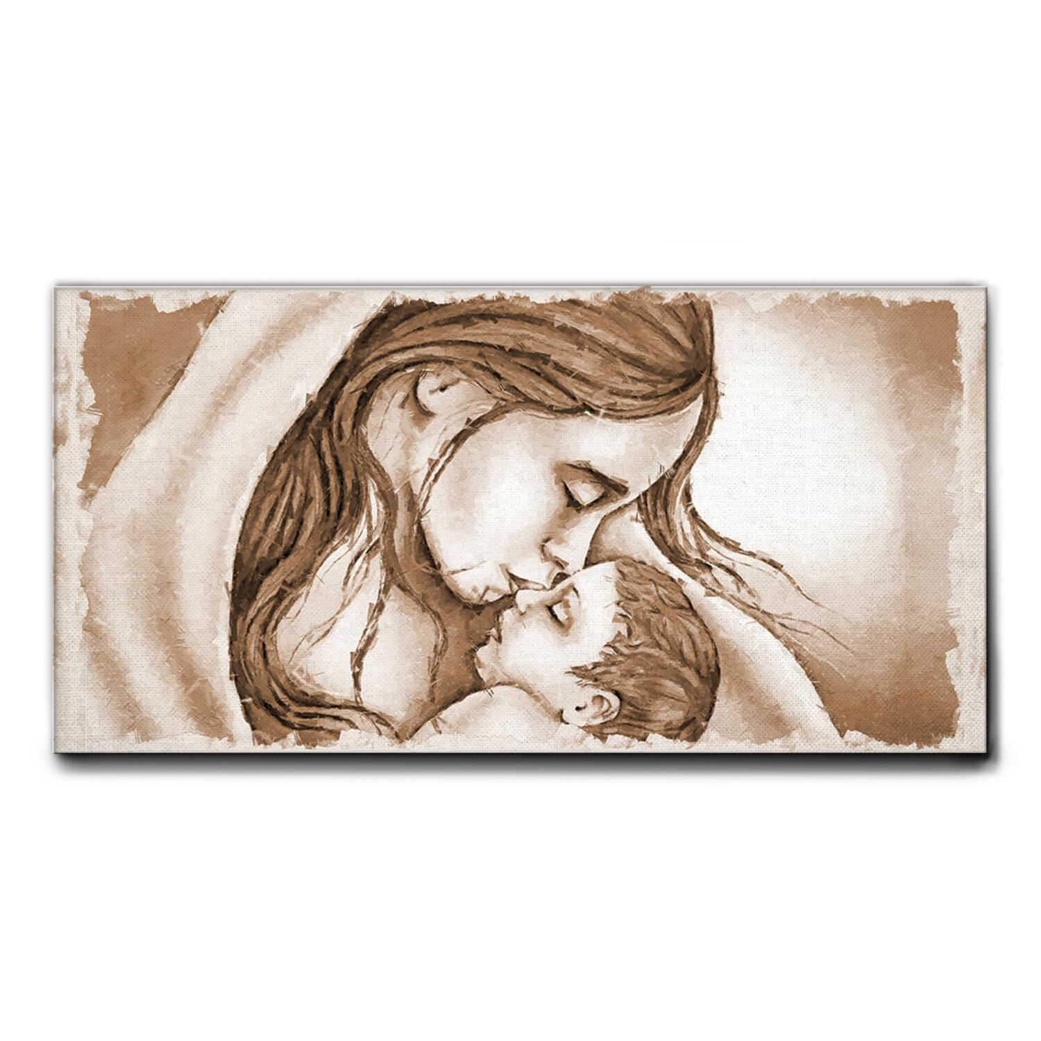 Giallobus - Cuadro - 20 - Beso De María A Jesús - Celestial - Lona Telar Premium Alto Espesor - 70x35 - Listo Para Colgar - Cuadros Modernos Para El Hogar