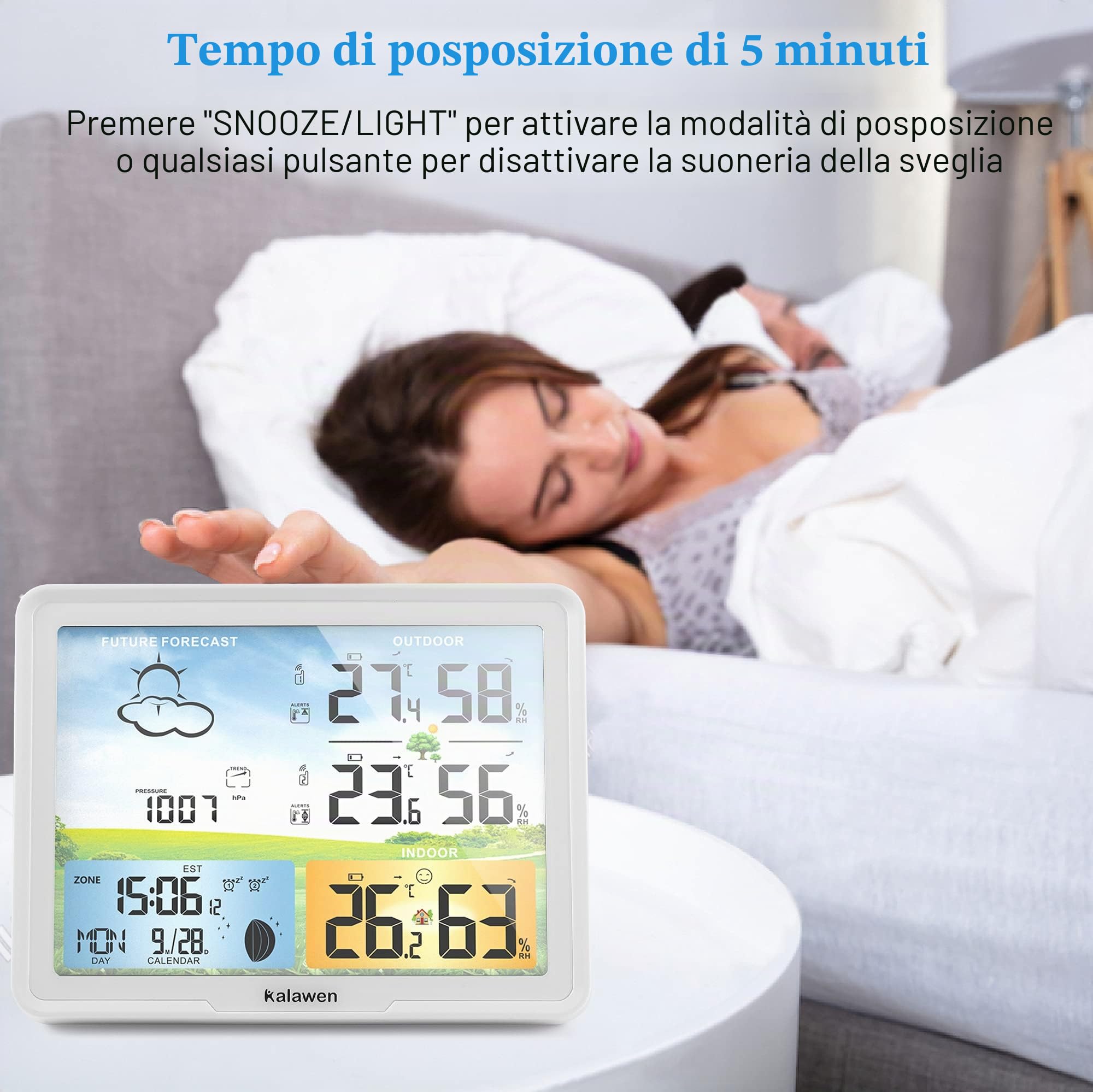 Stazione meteo radio con 2 sensori esterni, display digitale a colori, DCF, orologio radio per interni ed esterni, termometro, stazione meteo radio, con previsioni meteo e fase lunare (bianco)