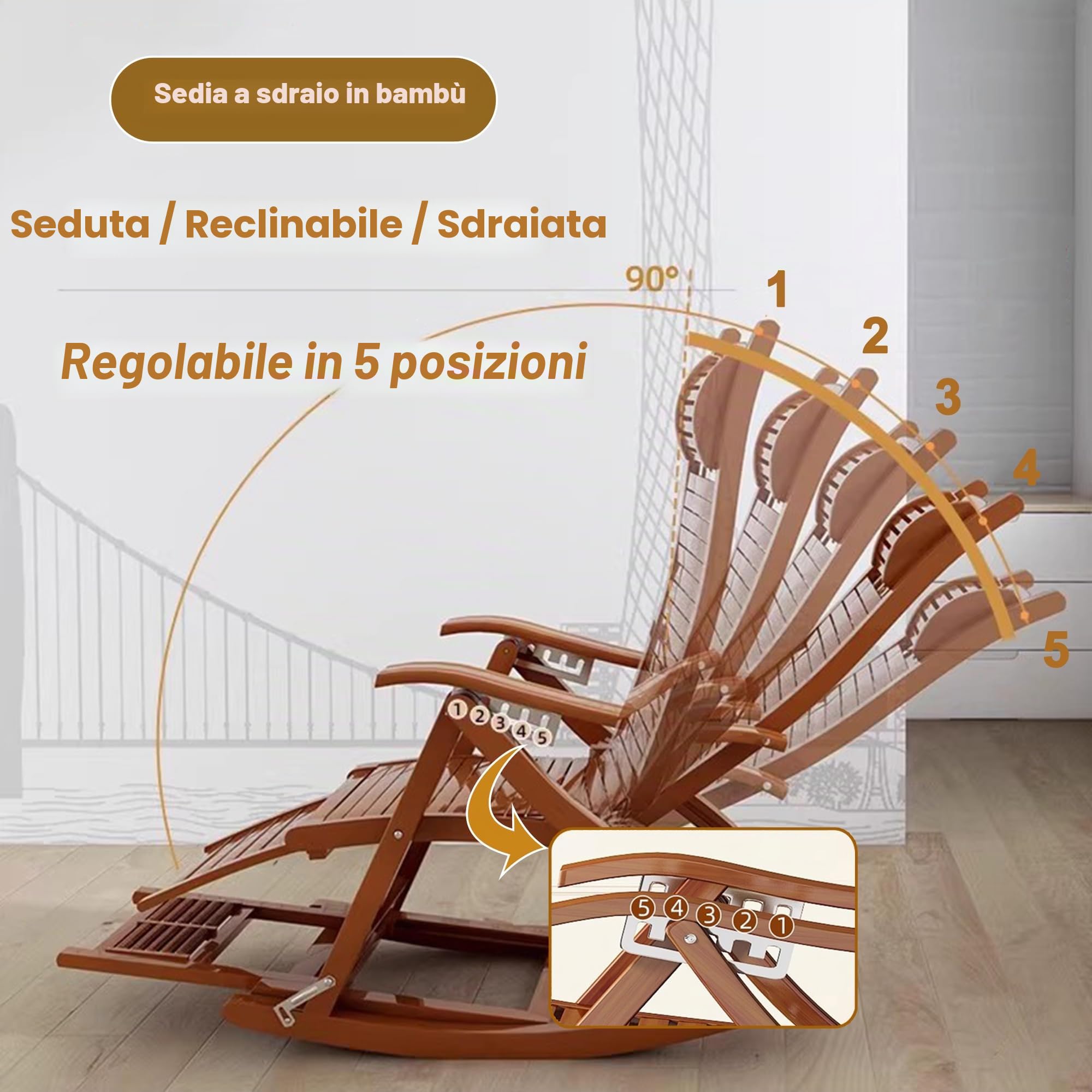 Sedia a Dondolo Pieghevole, Poltrona Reclinabile Regolabile in 5 Posizioni, Lettino Prendisole per Esterni con Poggiapiedi Esteso, Sedia a Sdraio in Legno per Giardino, Patio, Balcone