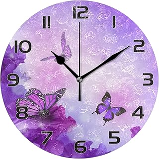 Moudou Purple Butterfly Wall Clock Silent Non Ticking Battery Operated Round Clock for Bathroom Living Room Bedroom Office School Home Decoration 10 Inch