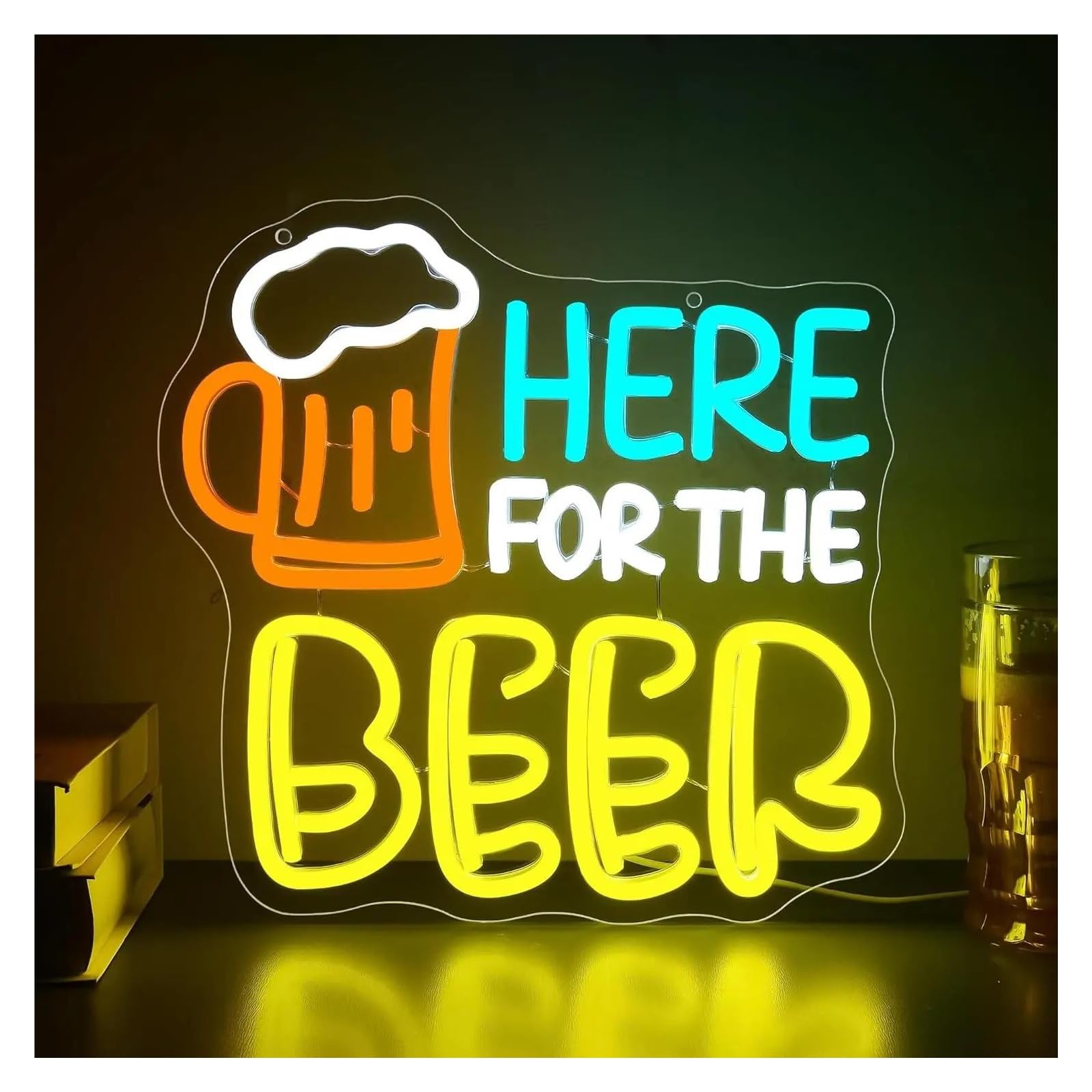 RONGCH Hanging Art Neon Signs Here for The Beer Neon Sign LED Light Dimmable for Bar Pub Party Restaurant Man Cave Birthday Decor 40.3cmx39cm