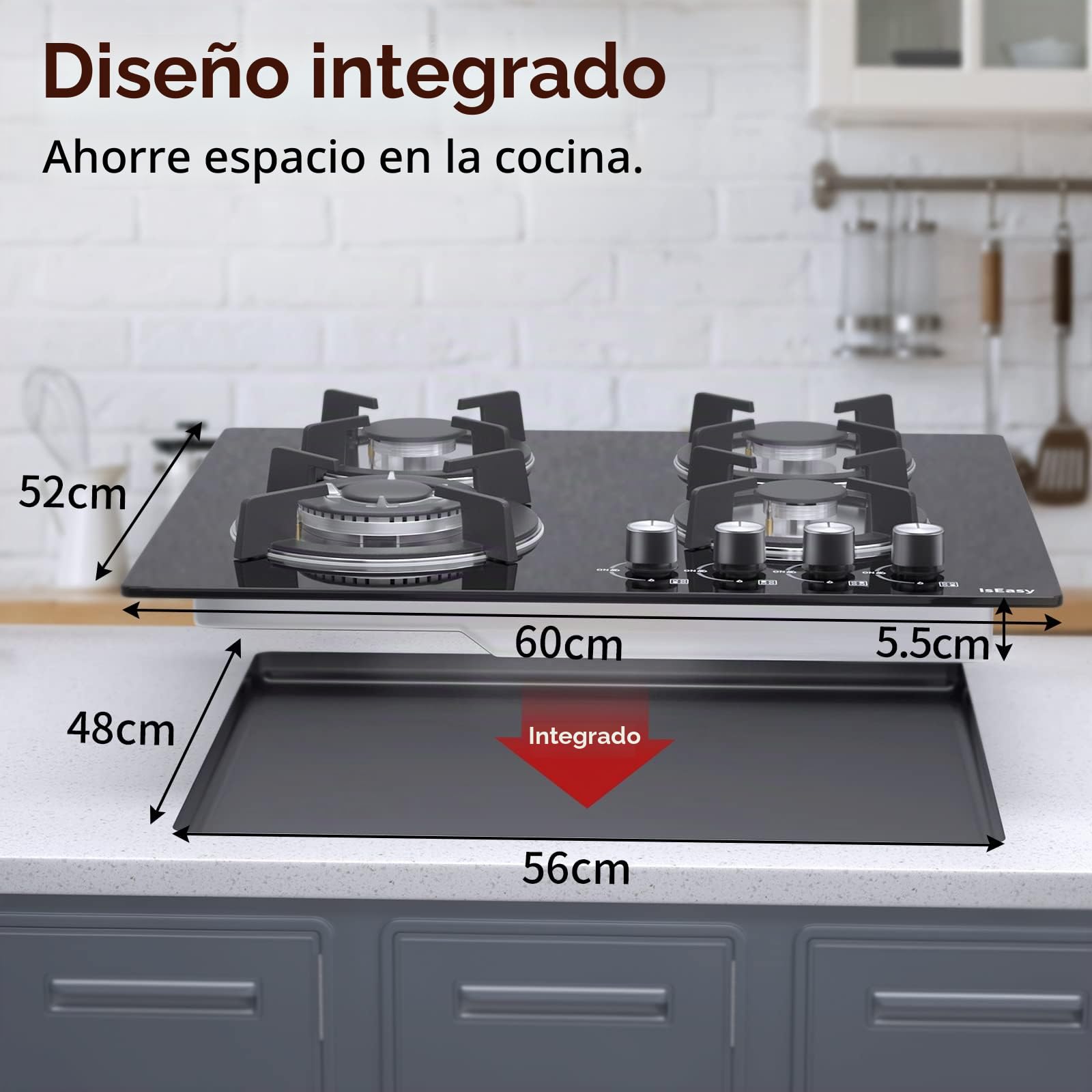 IsEasy Placa de Gas 4 Fuegos Negro, Encimera de Gas Butano/Natural/Propano,7800W, 60 cm