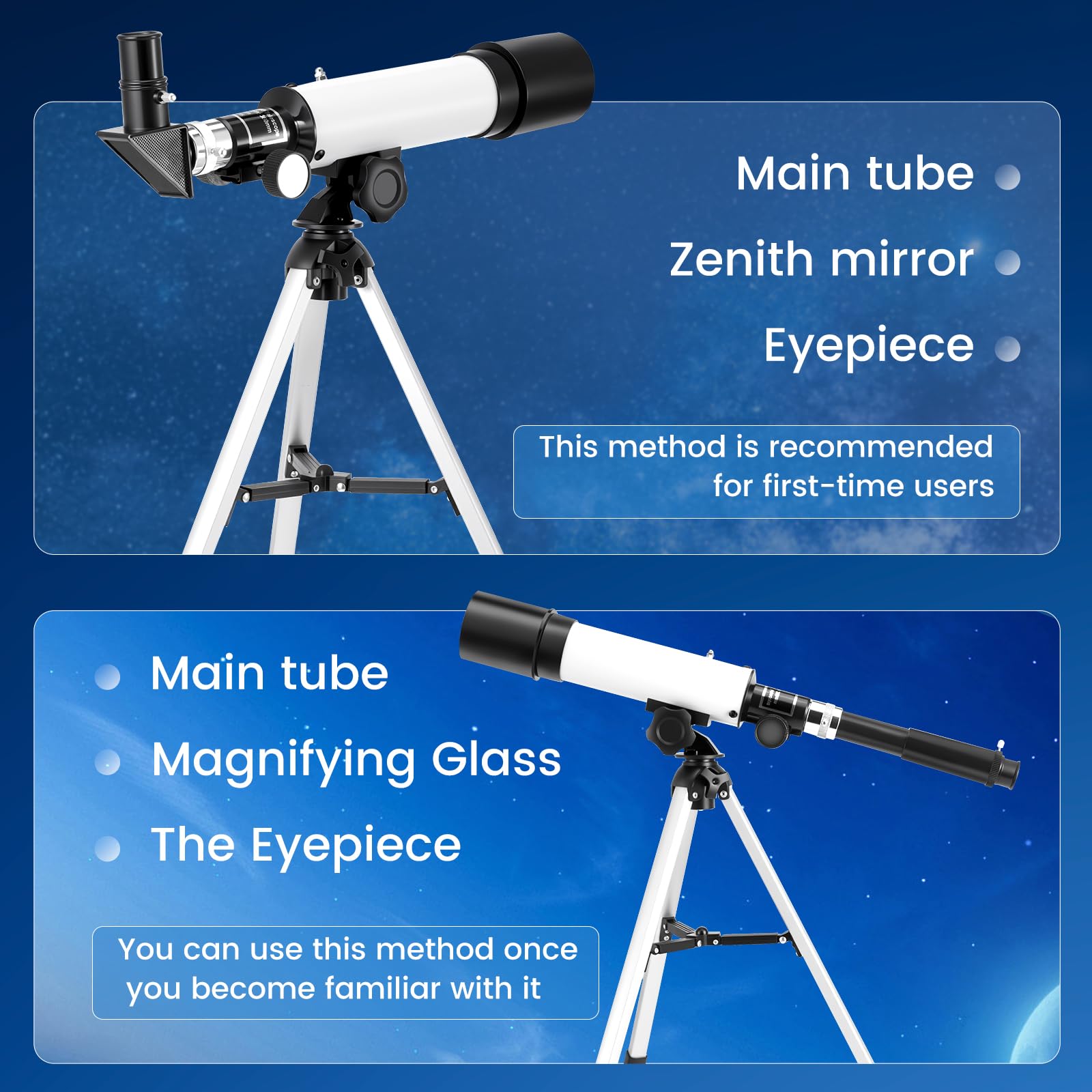 Telescopio per Bambini, Telescopio Astronomico con Lente da 50mm e Lunghezza Focale 360mm per Principianti, Telescopio per Bambini con Mirino e Treppiede, Ideale per Bambini/Adulti/Principianti
