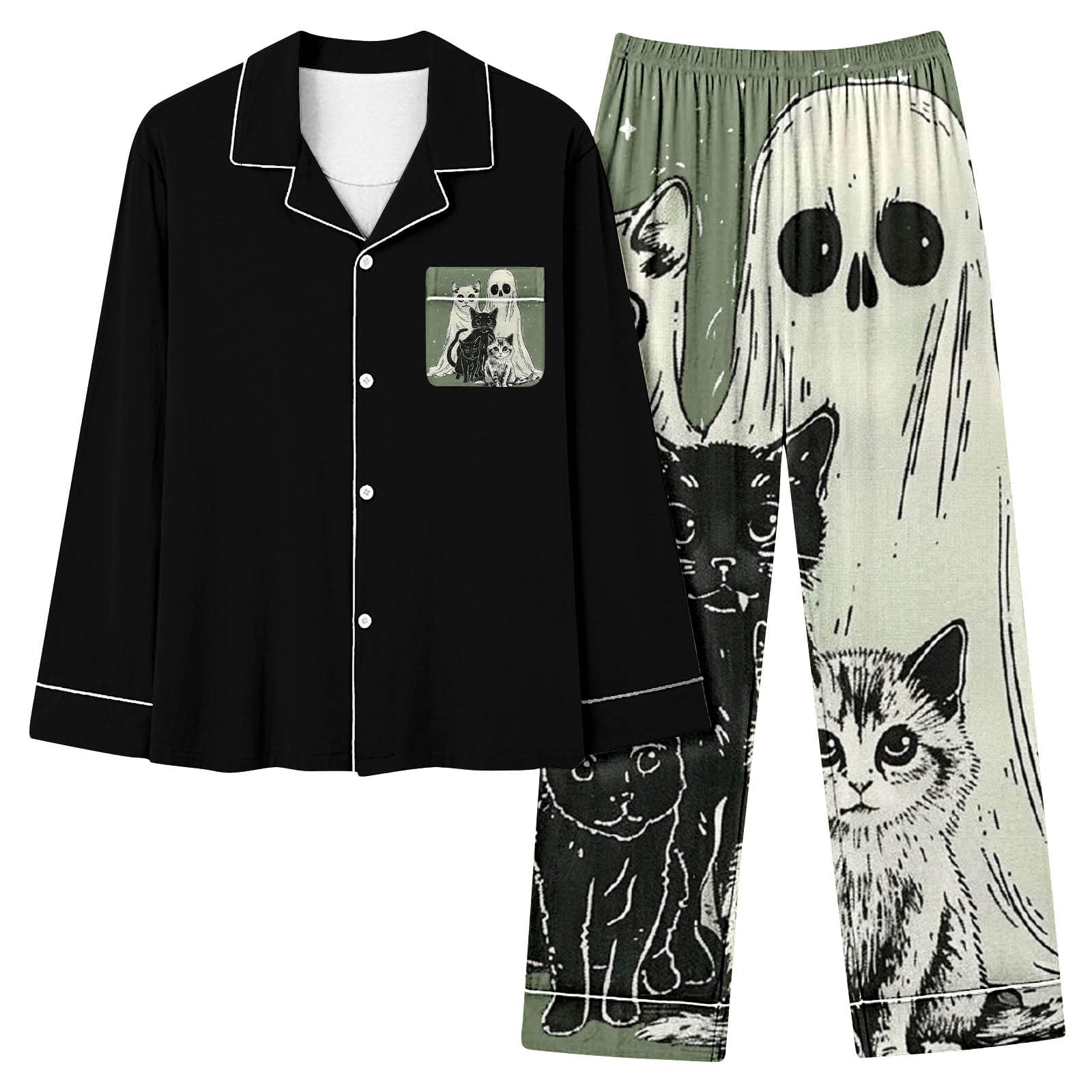 Generisch Halloween-Print-Set für Damen | Bequemer für Festliche Feiern | Schlafanzug mit Langen Ärmeln Hose | Gemütliche Nachtwäsche für kühle Herbstabende | Stilvolles Geschenk für Frauen