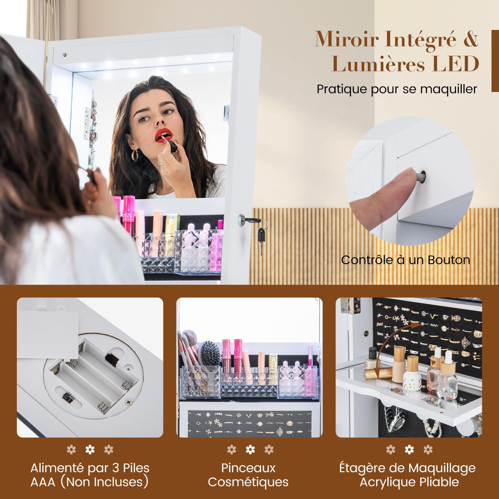 COSTWAY Armoire à Bijoux avec Miroir sur Pieds, Pivotant 360°, Lumières LED, Miroir Psyché sans Cadre, Verrouillable, Support pour Sèche-Cheveux, Étagères à l’Arrière, Grand Tiroir, Blanc