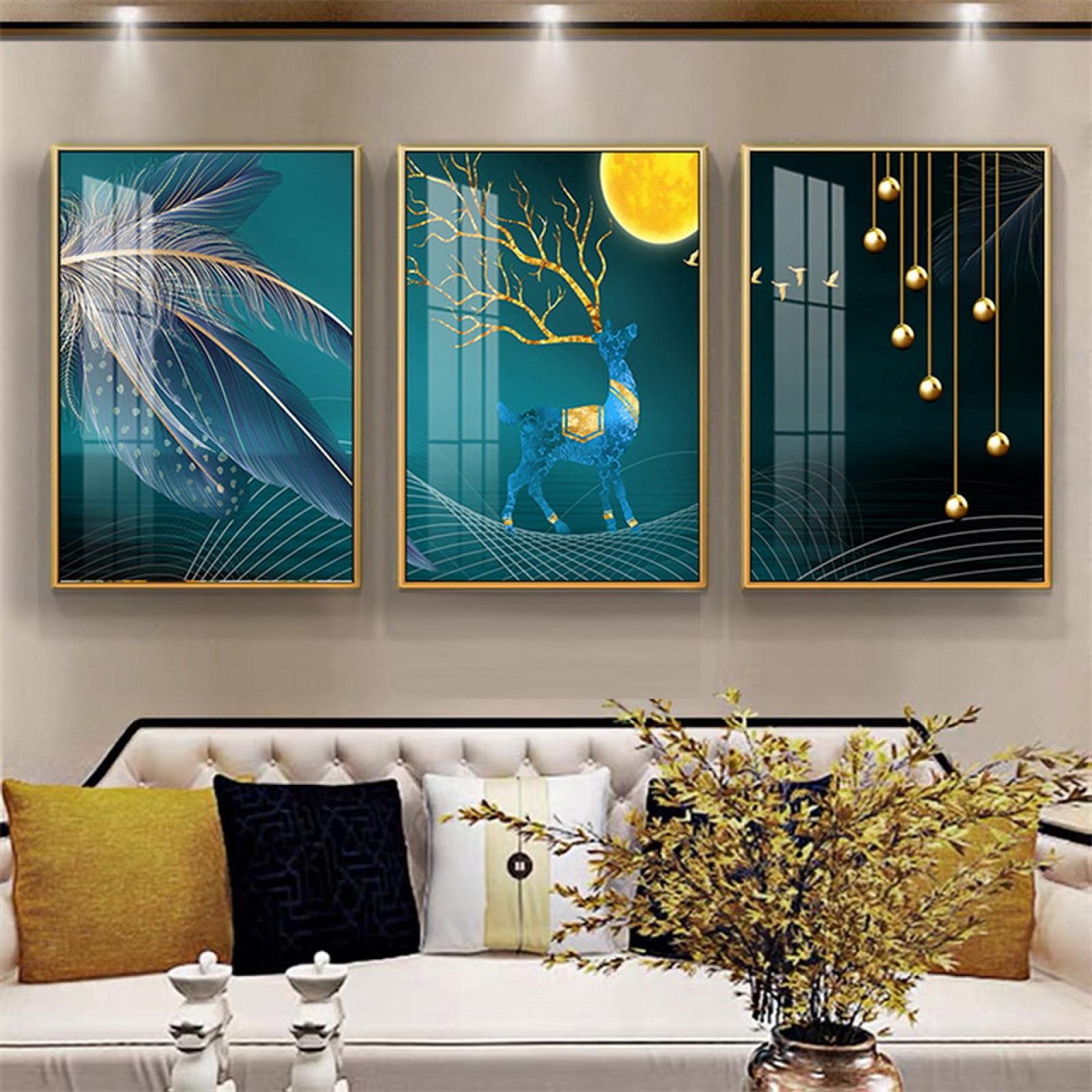 Affiche cerf bleu et or lune abstrait tableau decoration murale salon 3 pièces