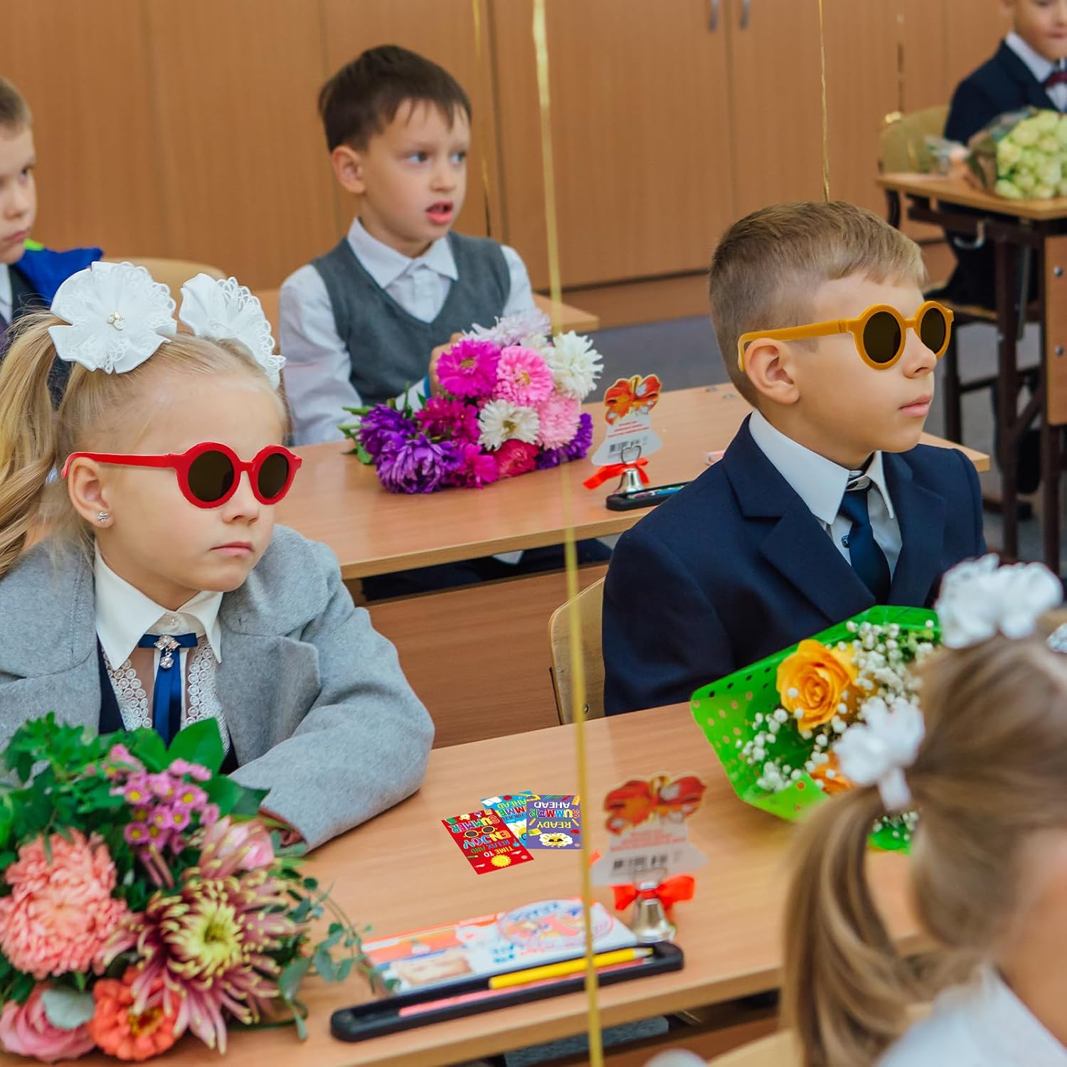 Fancy Land End of Year Gifts for Students 24 Sets Kids Neon Sunglasses End of Year Summer Sunglasses with Cards for Preschool Kindergarten Graduation Party Favor Supplies