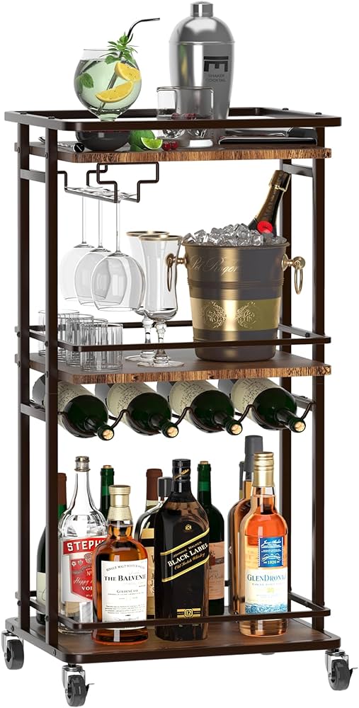 OKZEST 3 Tier Bar Cart for Home, Rolling Mini Liquor Bar Cabinet with Wine Rack and Glass Holder, Home Bar Serving Cart on Wheels for Dinner Party Wine Alcohol Drink, Bar Stand for Living Room Kitchen
