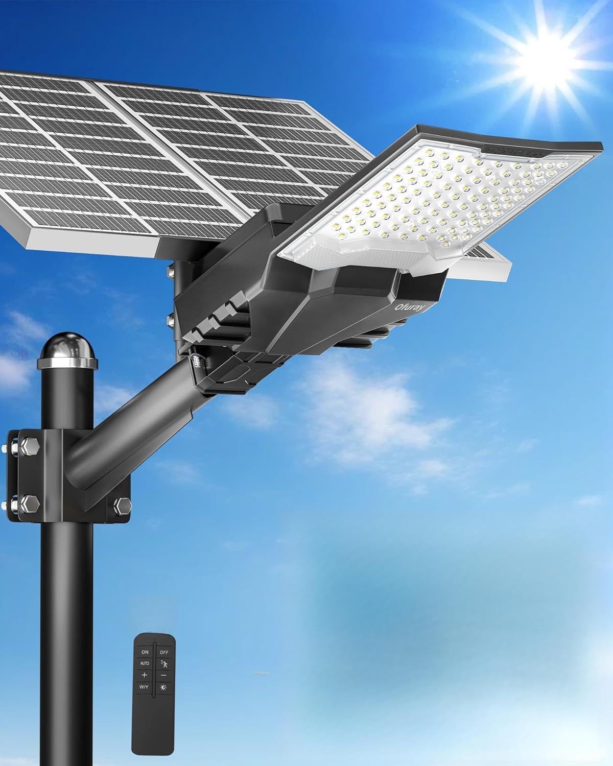 Ofuray OL-8200W Lampione Solare LED Esterno, Faro Led Esterno con Pannello Solare, 6500K Super Luminoso Lampioni Led, IP67 Impermeabile Lampada Stradale Solari per Giardino Garage Strada