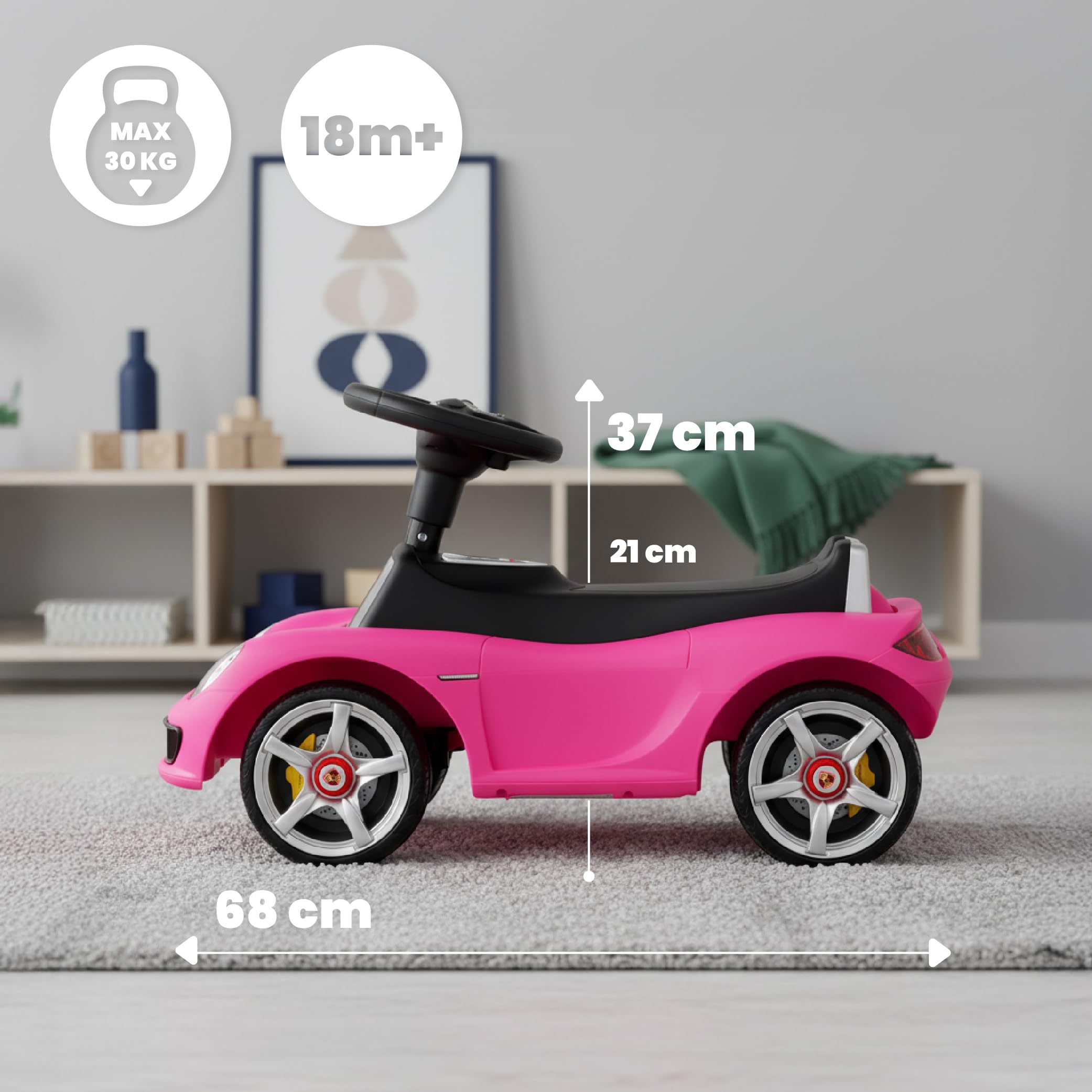 sun baby Rutschauto ab 18 Monaten – Porsche Carrera GT – Lenkrad mit Knöpfen, Scheinwerfer, realistische Aufkleber, bis 30 kg, Rosa