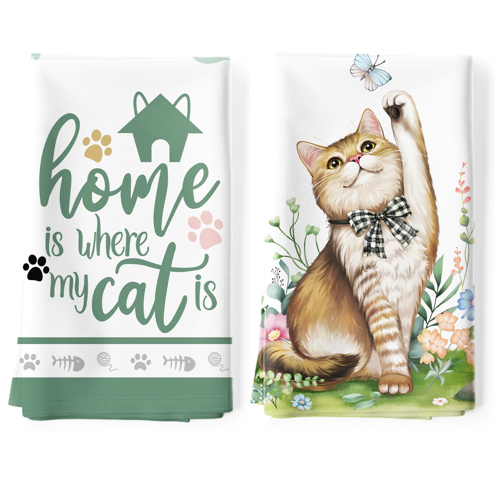Arquiel 2Pcs Cute Cat Kitchen Tea Towels 100% Cotton Spring Hand Towels Multiple Uses Quick Dry Dish Cloth for Table, Kitchen Decor, Housewarming Gifts