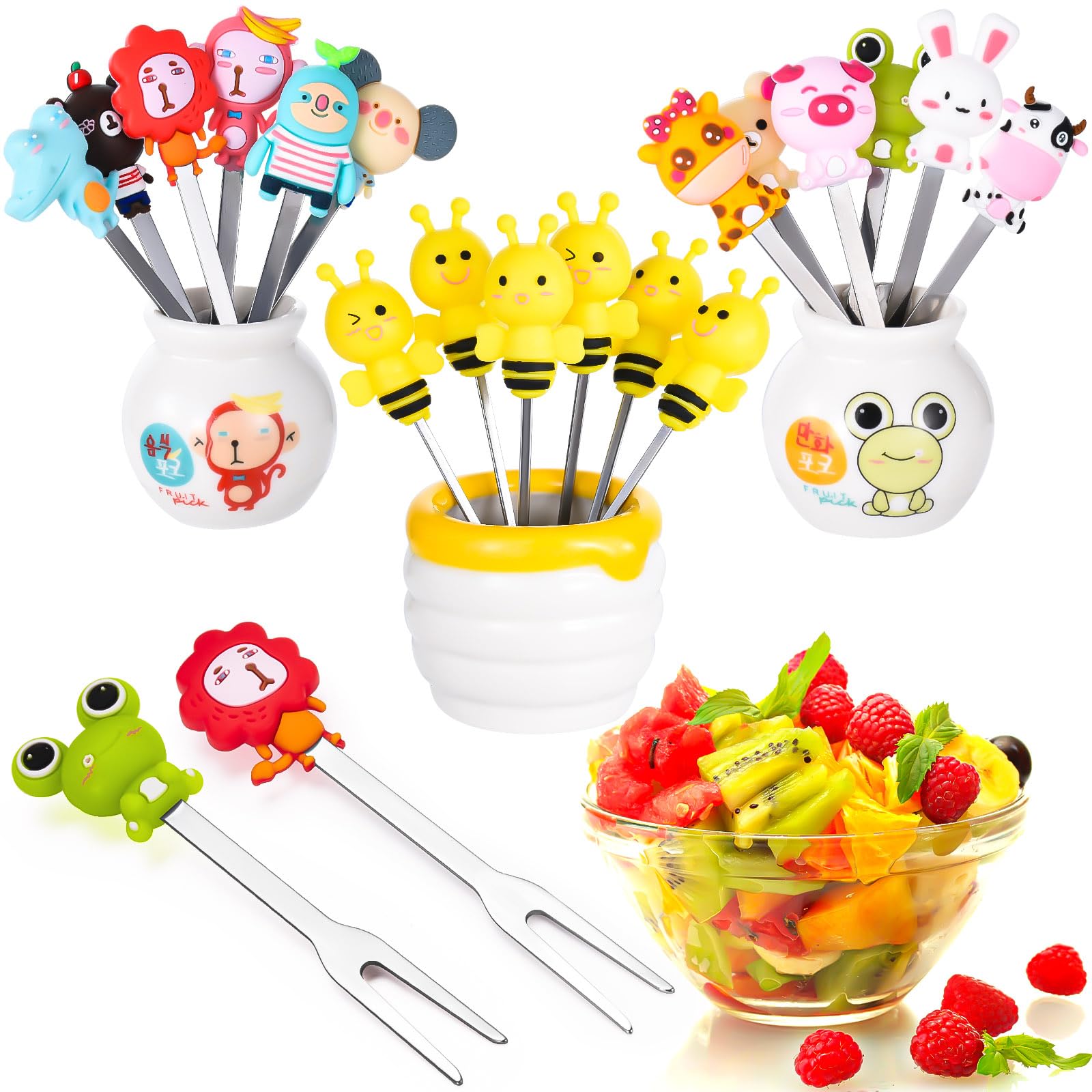 Photo 1 of 18Pcs Food Picks for Kids with 3Pcs Ceramic Jars, Stainless Steel Cute Cartoon Fruit Picks for Kids Food, Animal Fruit Forks with Silicone Handles for Kid Bento Pick
