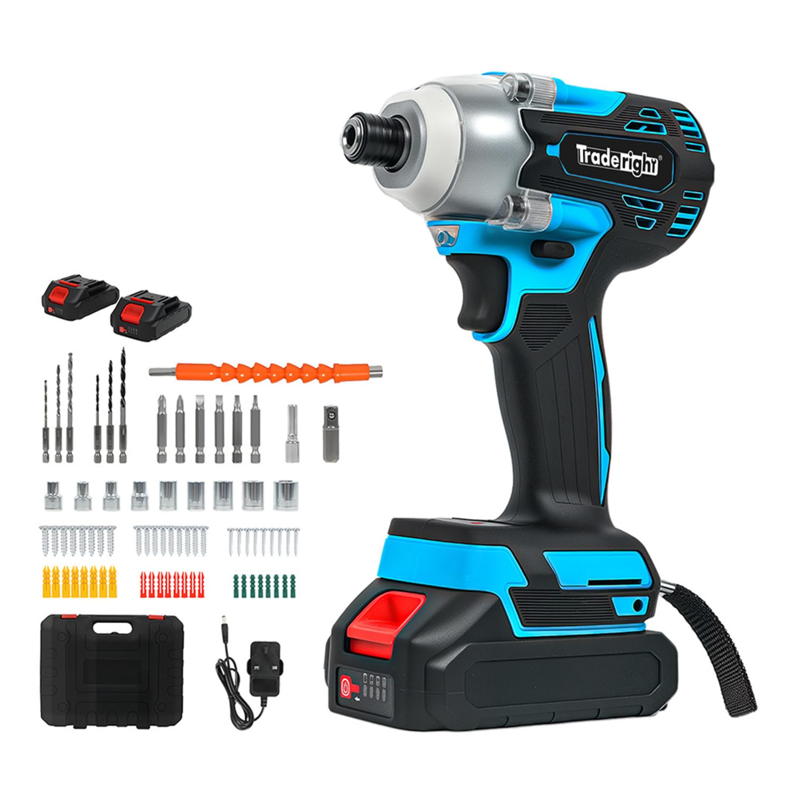 Traderight Blue, Black Cordless Impact Driver Kit Craftman 21V,1/4" Hex Chuck,Power 400Nm Torque 3000Rpm 3600Bpm Variable Speed Trigger 72-Piece Tool Set,2X2.0ah Batteries Fast Charger Impact Tool Wheel Nut Diy