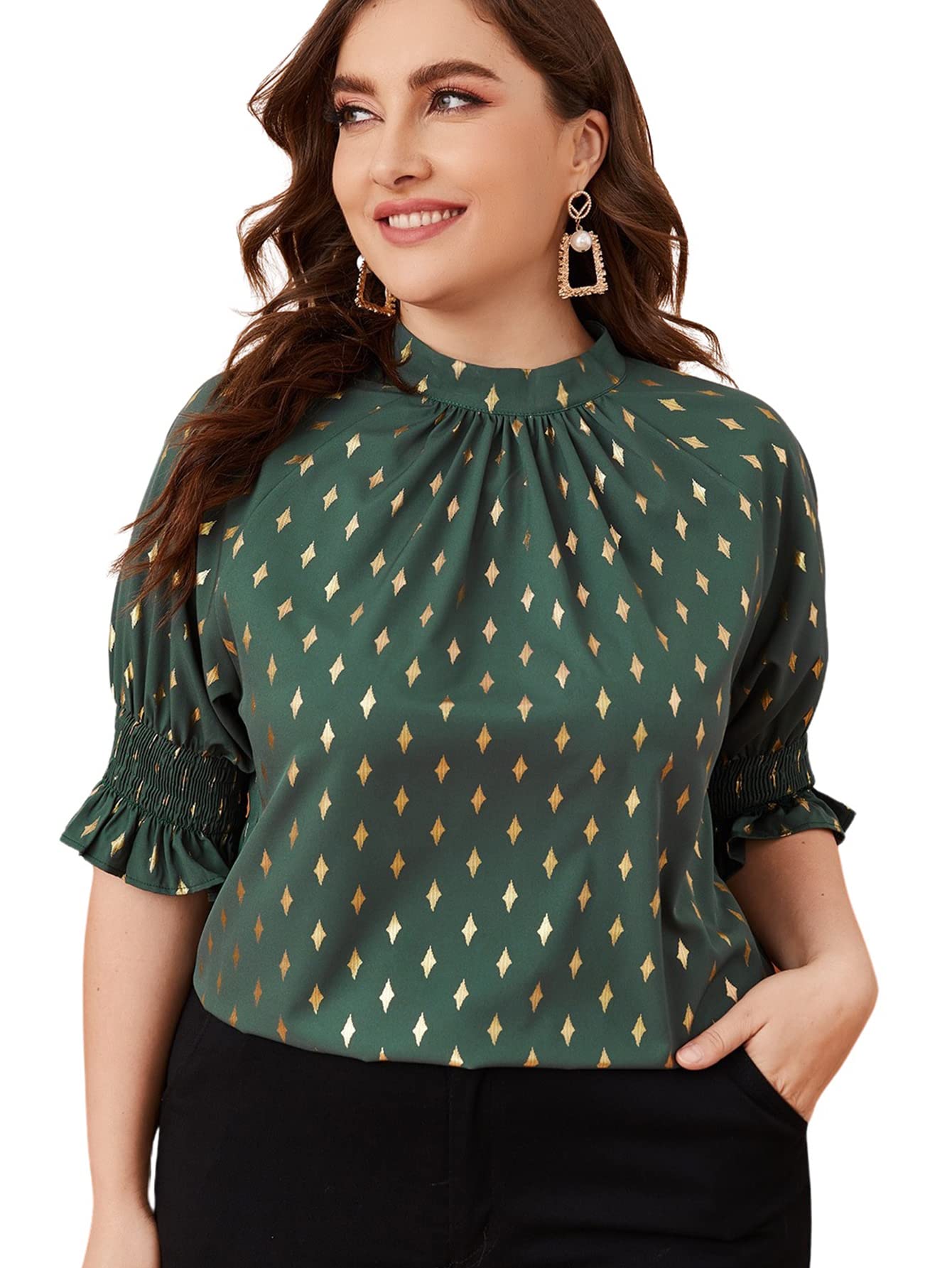 Romwe Women's Plus Size Pleated Mock Neck Puff Sleeve Work Office Blouse Tops Green 3XL