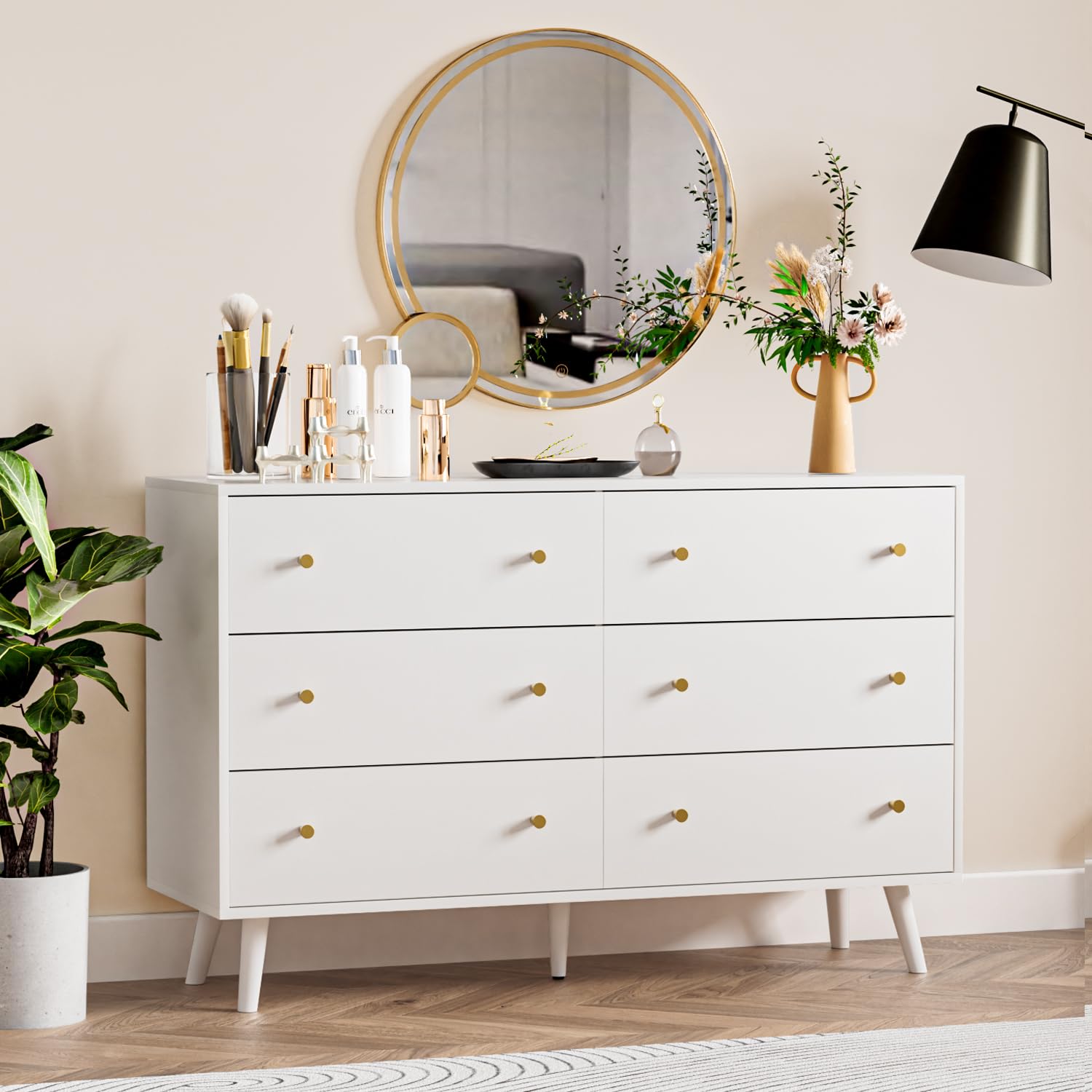White 6 Drawer Dresser for Bedroom, Modern Dresser with Gold Handle and Deep Drawer, Wood Double Chest of Drawers and Storage Organizer for Living Room, Hallway, Entryway