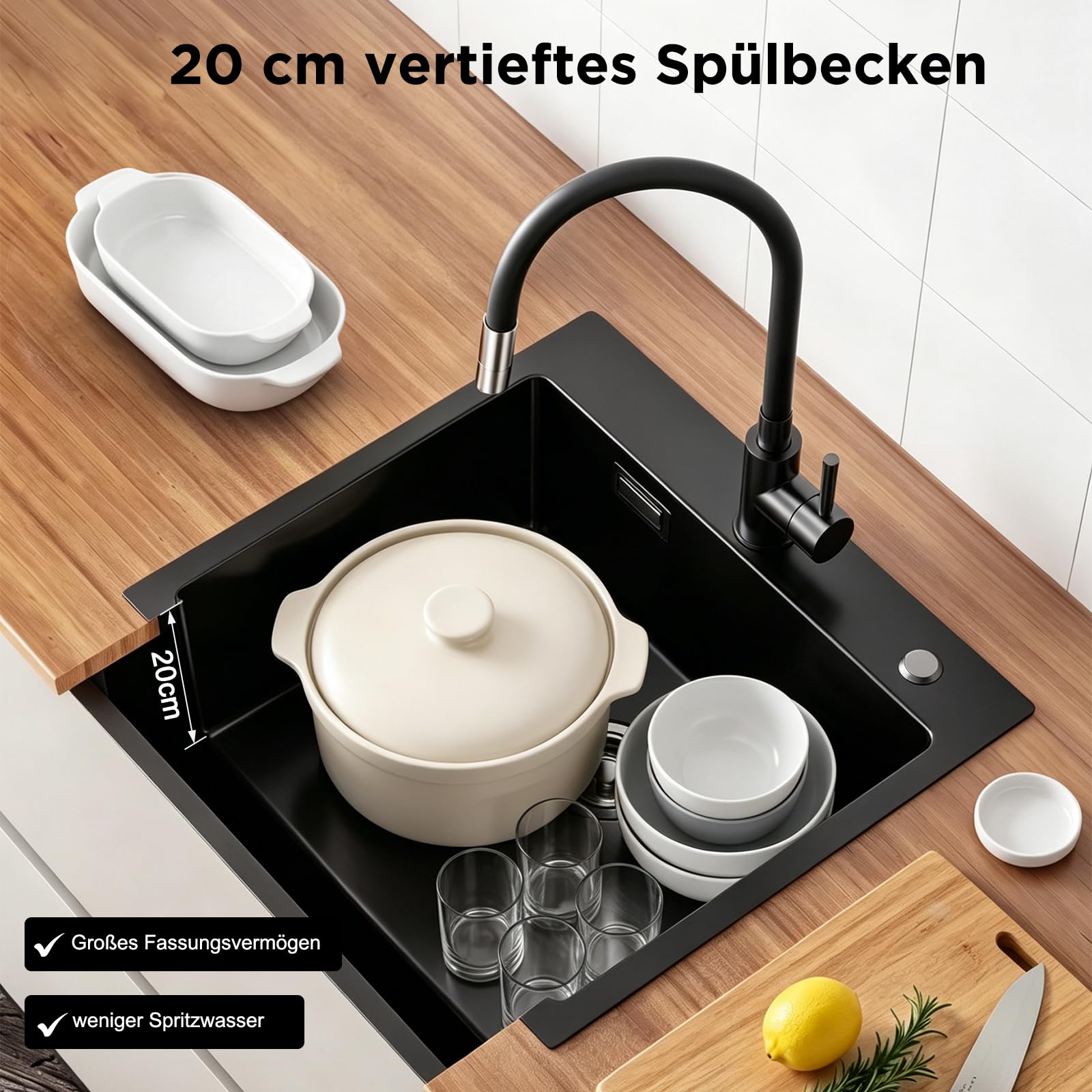 Modernes Spülbecken 45x40 cm, 1 Becken, Schwarze Küchenspüle, Edelstahl, 2 Wasserhahnlöcher, Überlauf