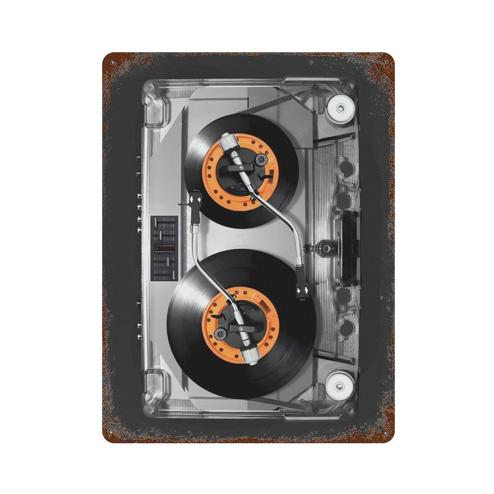 Rusty Metal Tin Sign Cassette DJ Turntable 15.7"x11.8", Classic Wall Plaque for Cafe, Home Bar And Lounge Decor