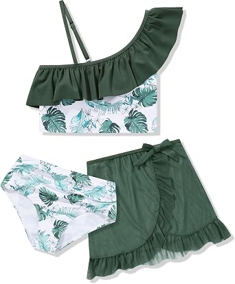 URMAGIC Girls Swimsuits 3 Piece Tankini Bathing Suit Set Bikini Swimwear with Cover Up Beach Skirt 7-14 Years