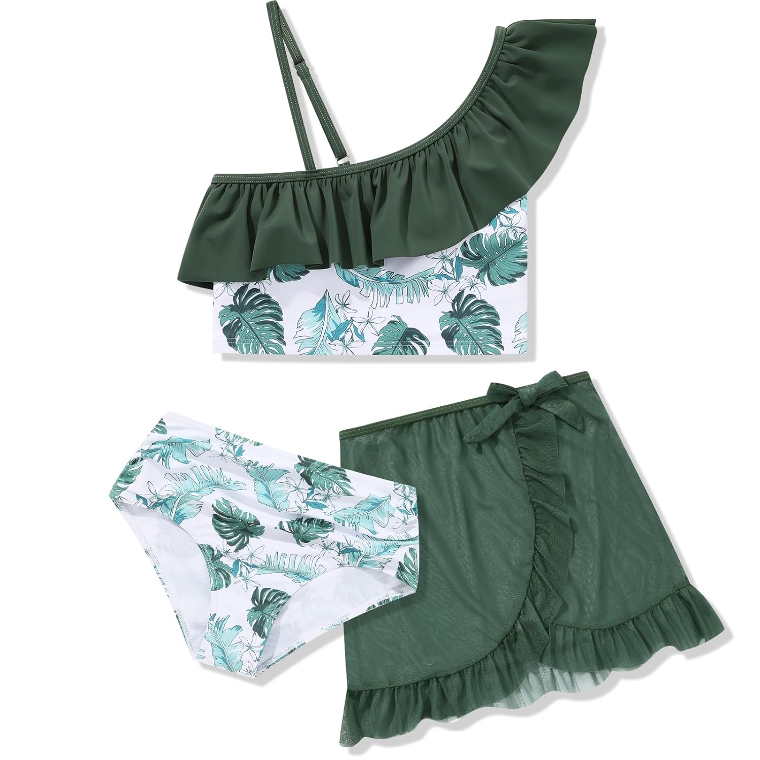Conjunto de biquíni infantil para meninas, 3 peças, estampa tropical, textura floral, combinação de cores e saia