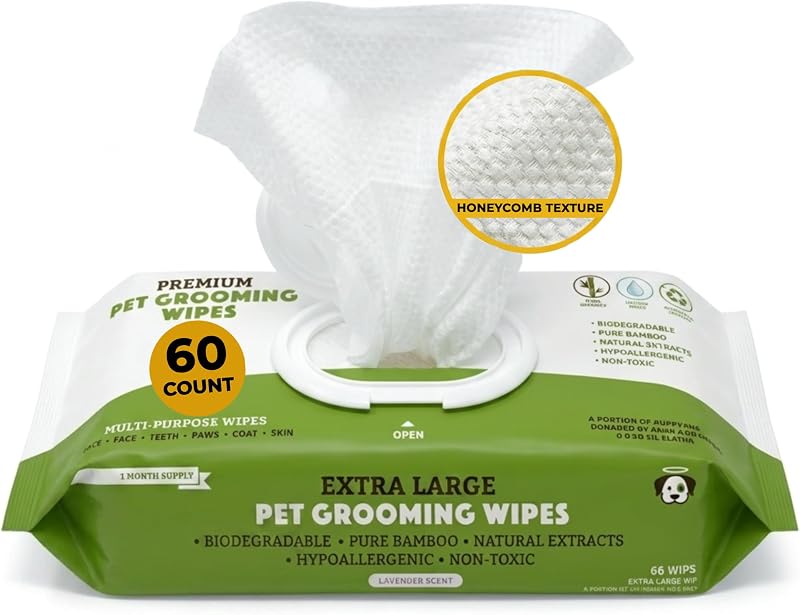 Extra Large Pet Wipes, Lavender Scent, 60 Count, 1-Pack | Vegan, Hypoallergenic, & Plant-based Deodorizing Dogs Wipes - Gentle Grooming for Pets, Eye & Ear Wipes - Puppy Essentials