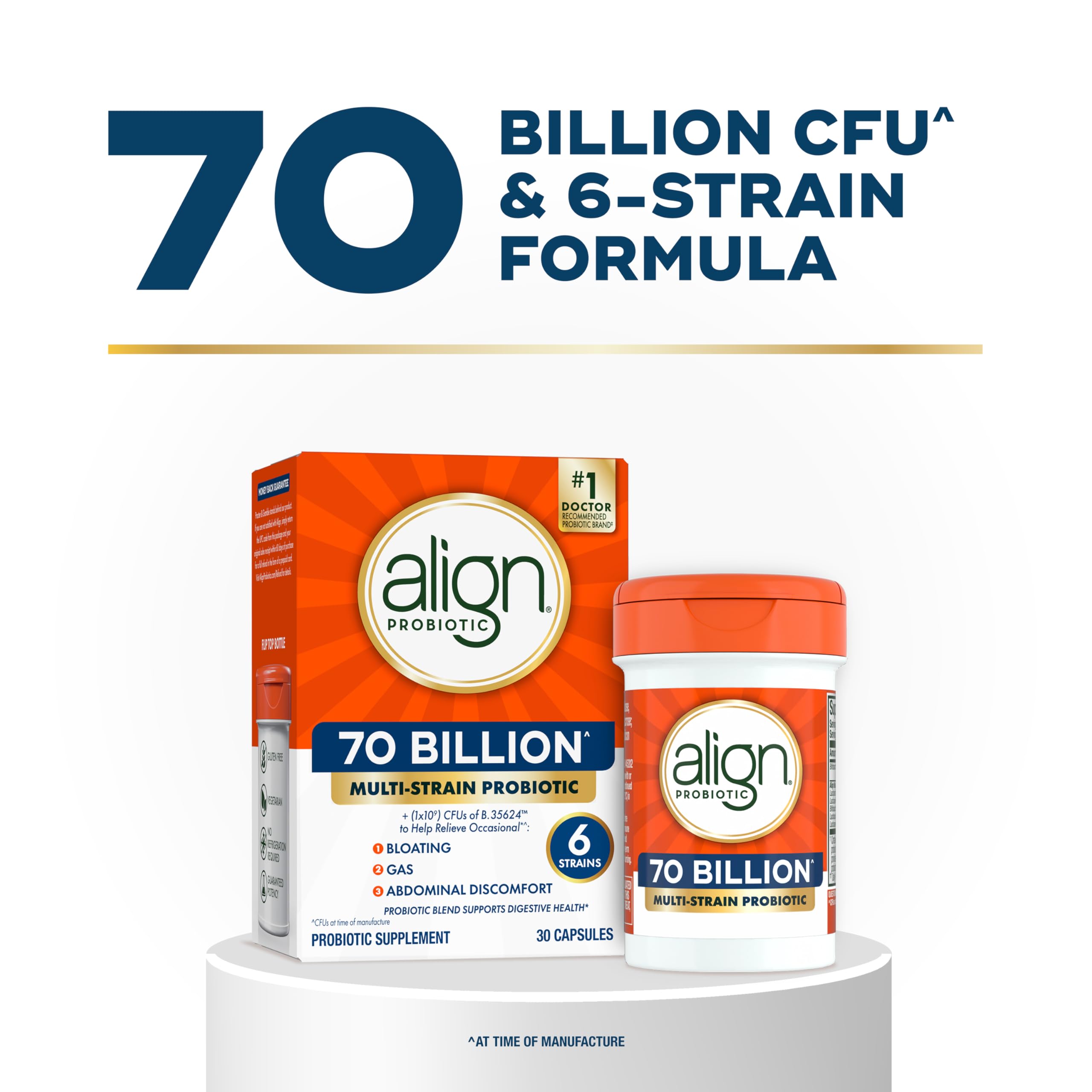 Align Probiotic, 70 Billion CFU, 6 Strain Blend, Probiotics for Women and Men, Daily Probiotics for Digestive Health, Helps Relieve Occasional Bloating & Gas 30 Capsules — Amazon image 2