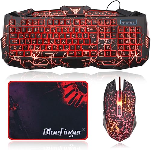 Miniatura 1 de BlueFinger Combo de teclado y mouse retroiluminados para juegos, teclado retroiluminado con cable USB, teclas multimedia, teclado LED de 3 colores
