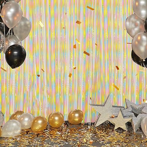 Miniatura 7 de Paquete de 3 cortinas de fondo de flecos de aluminio, cortinas de oropel de 3.3 x 8.2 pies, diseño de arco iris pastel, cortinas de telón de fondo